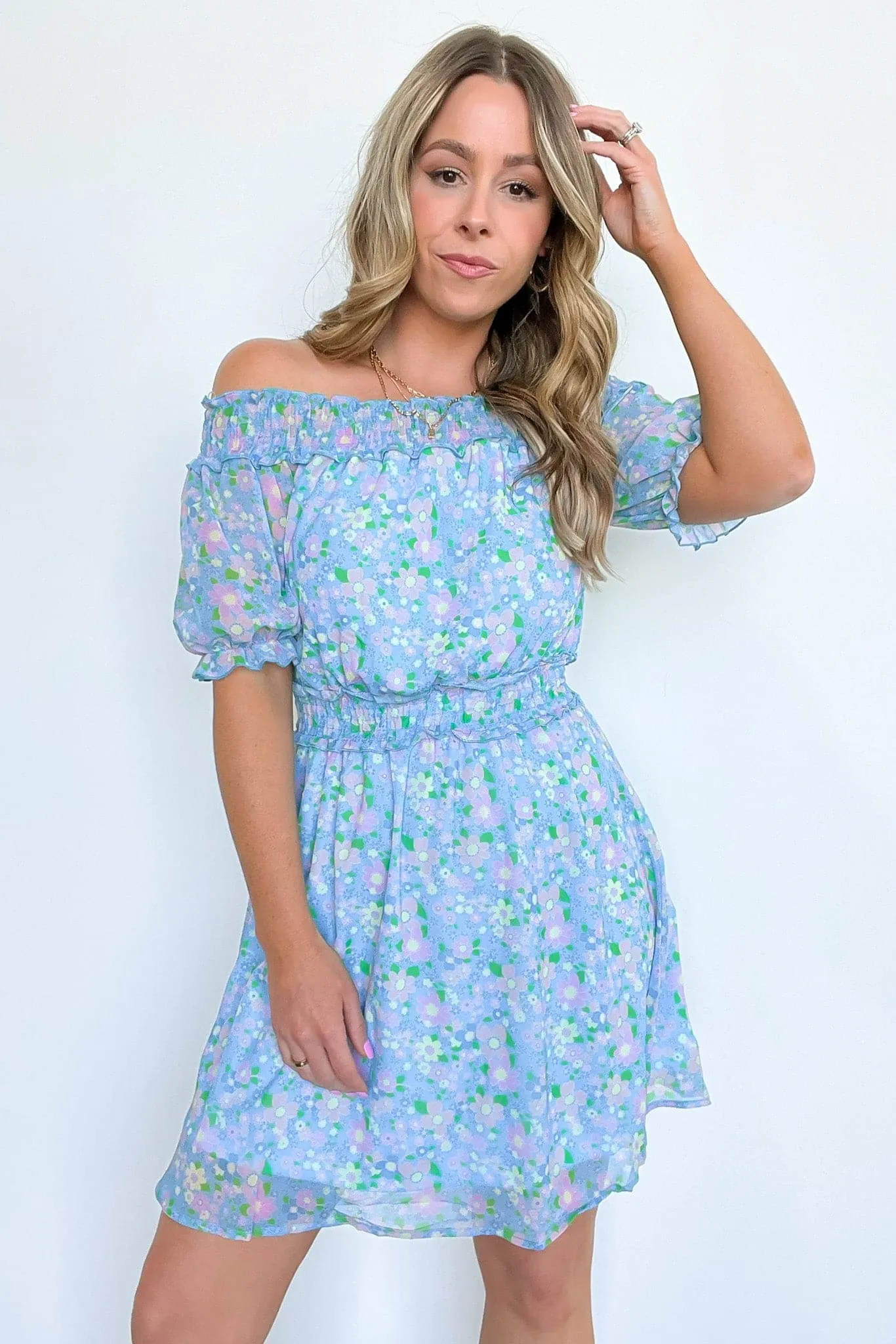 Fit to Frolic Off Shoulder Smocked Floral Dress - FINAL SALE