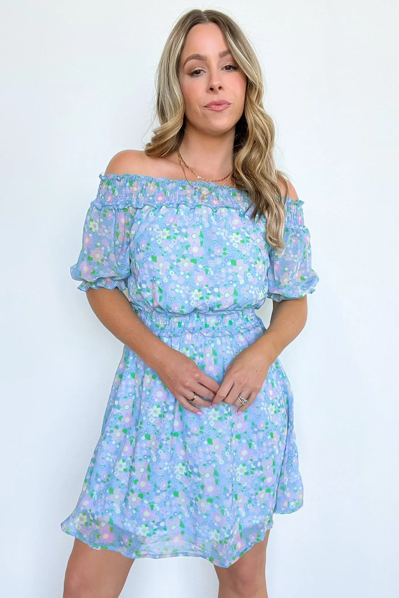 Fit to Frolic Off Shoulder Smocked Floral Dress - FINAL SALE