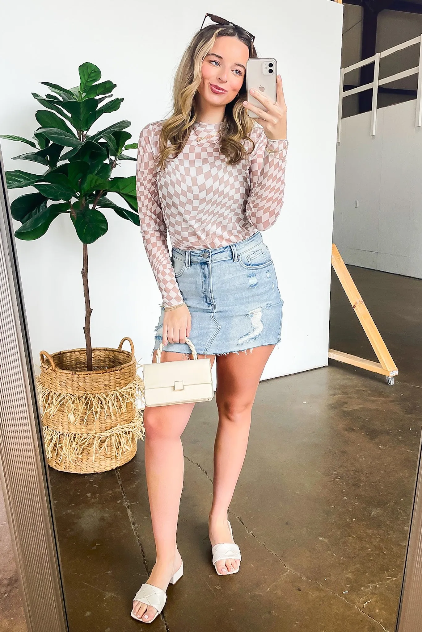 Fresh Take Checkered Print Mesh Layering Top