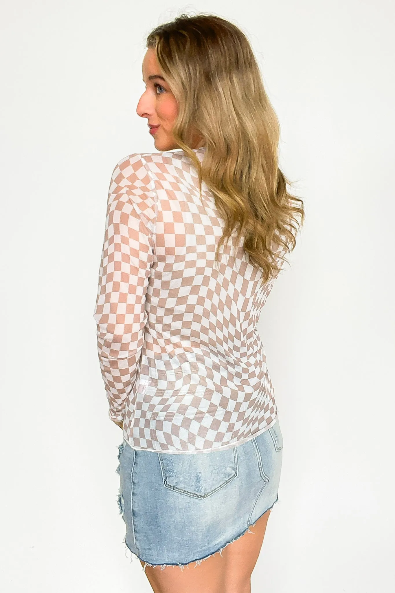 Fresh Take Checkered Print Mesh Layering Top