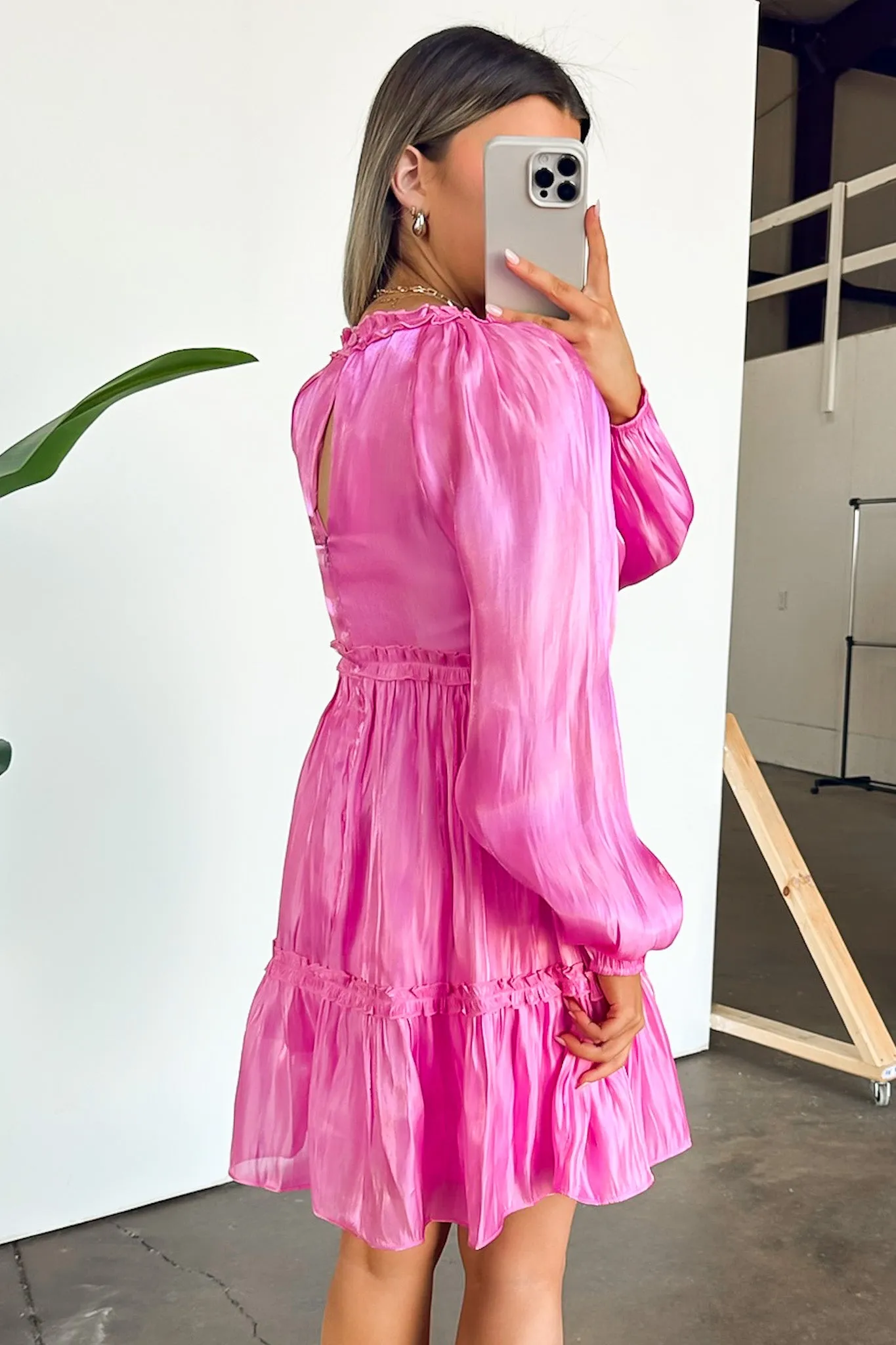 Glorious Perfection Satin Shimmer Ruffle Trim Dress - BACK IN STOCK