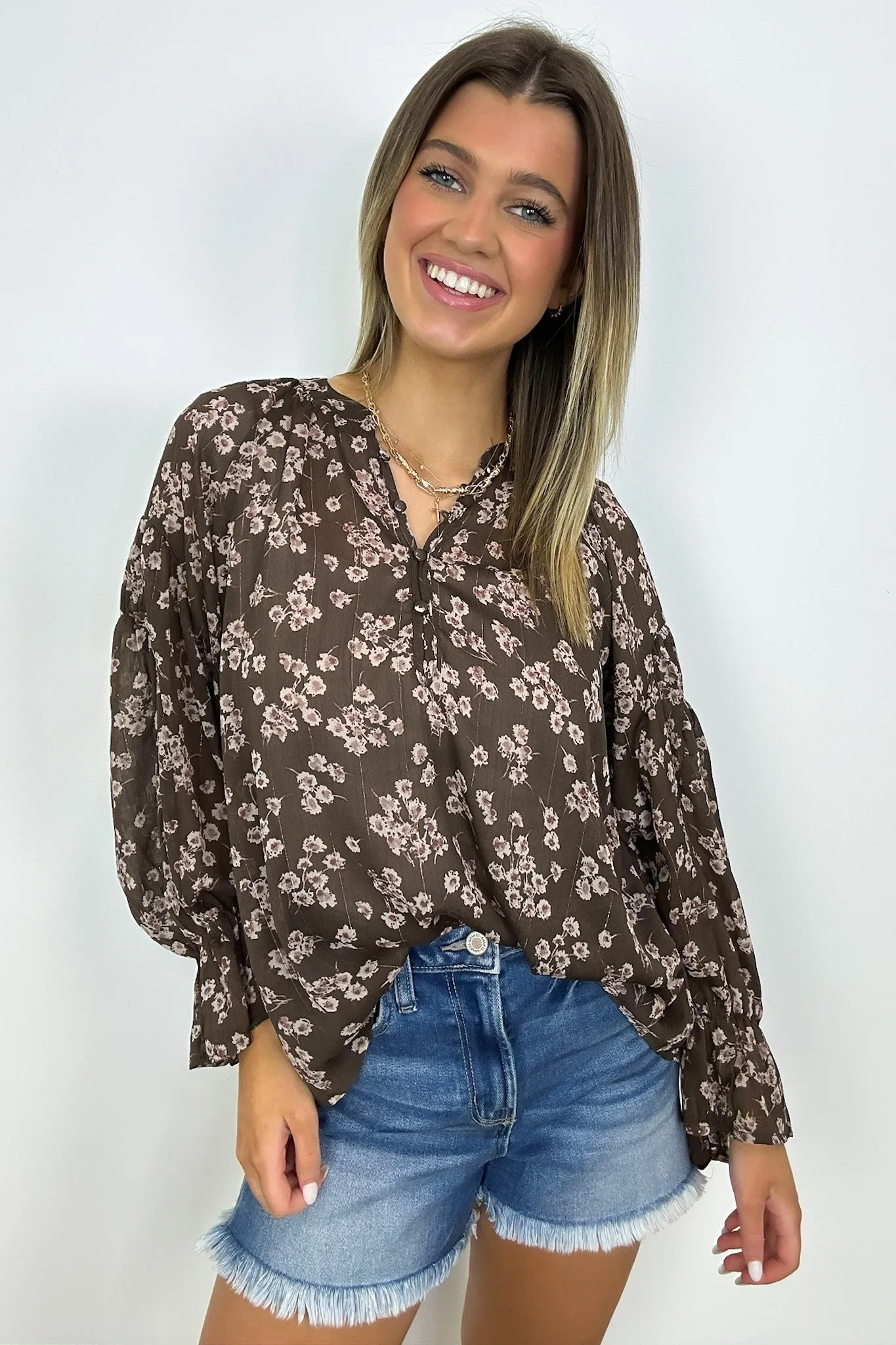 Graceful Energy Button Detail Floral Top - FINAL SALE