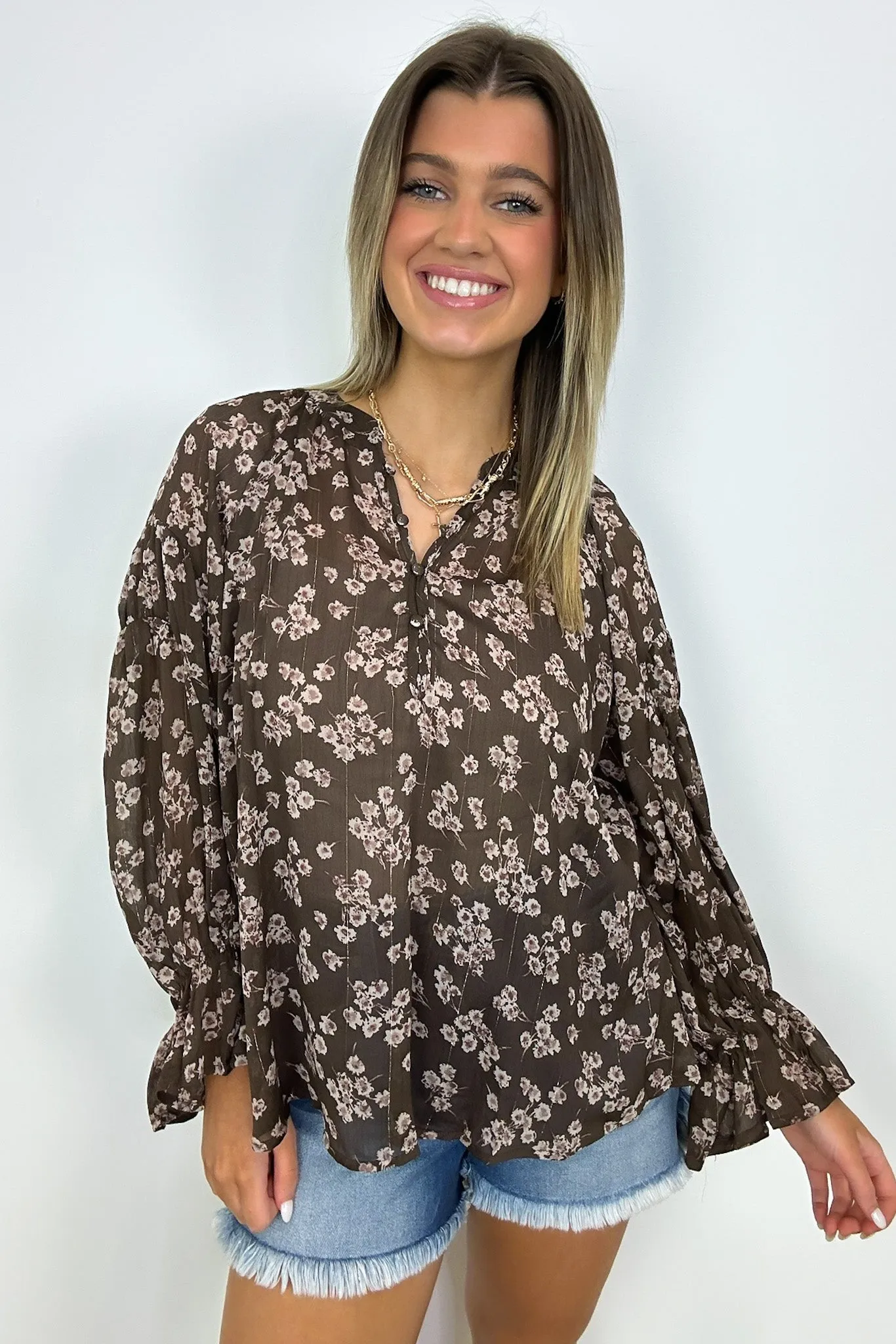Graceful Energy Button Detail Floral Top - FINAL SALE