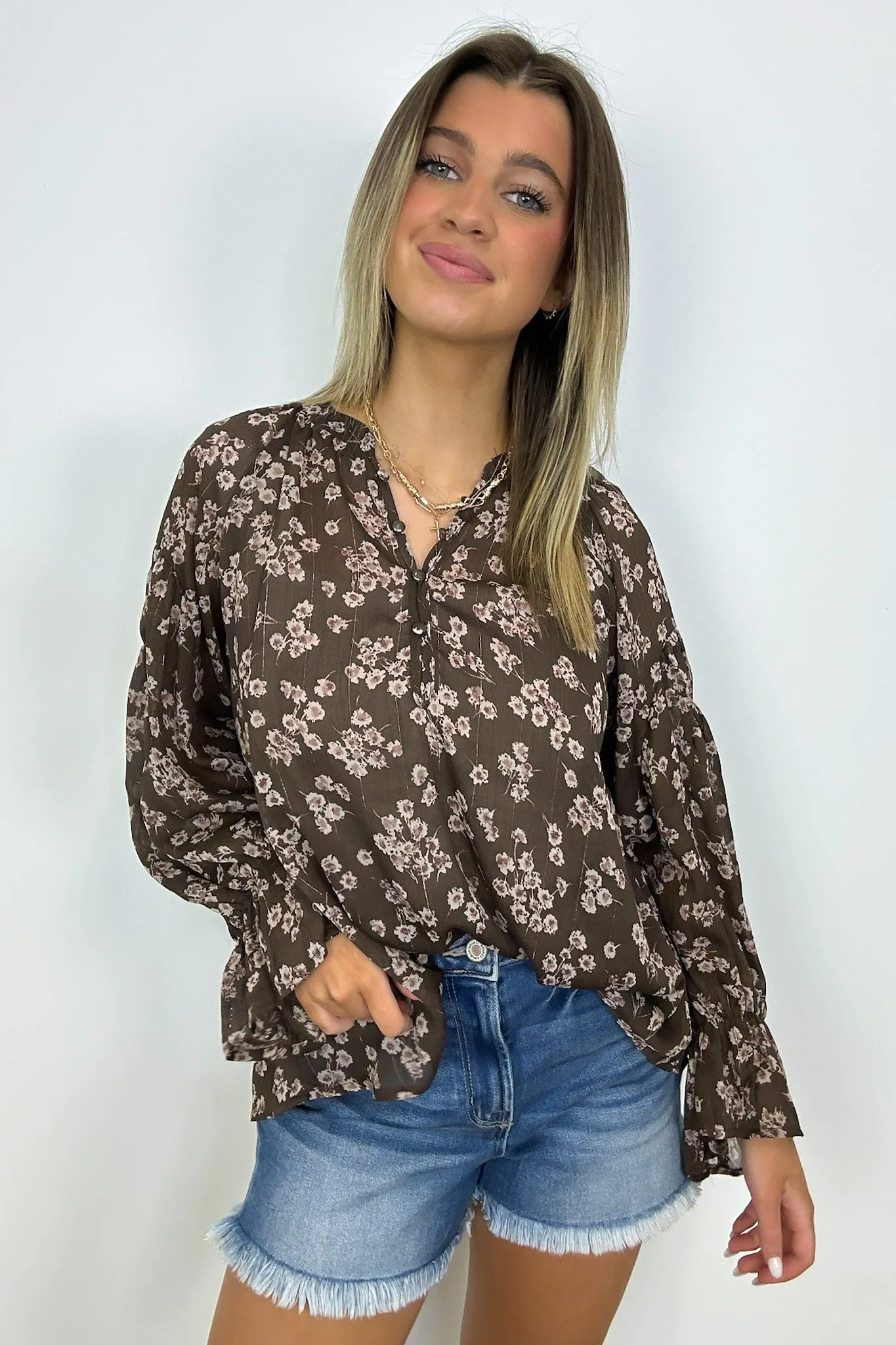 Graceful Energy Button Detail Floral Top - FINAL SALE