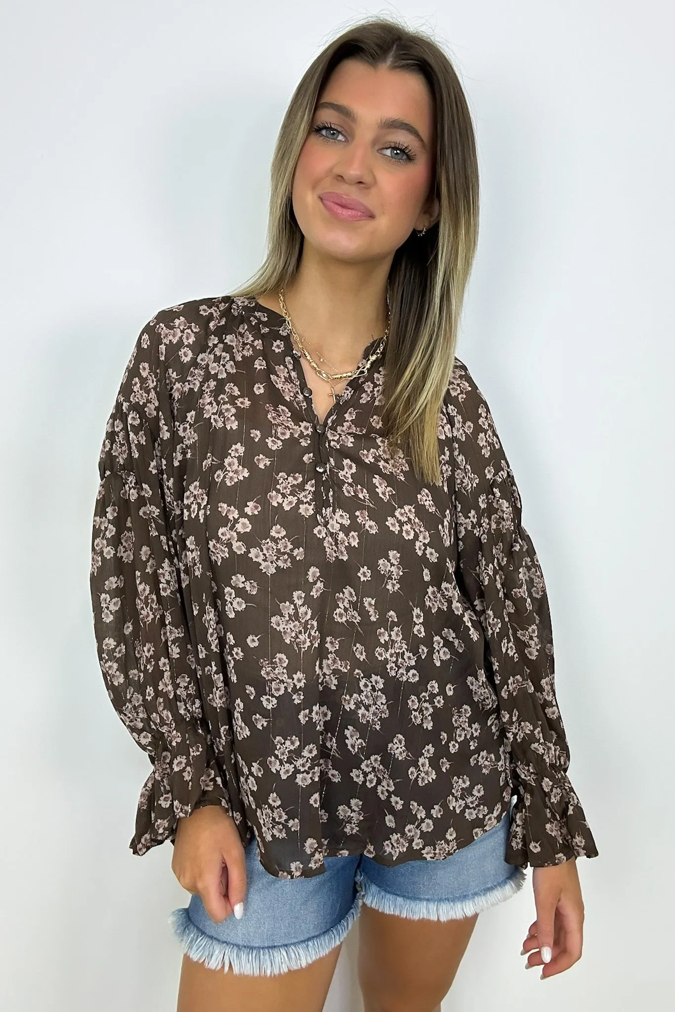 Graceful Energy Button Detail Floral Top - FINAL SALE