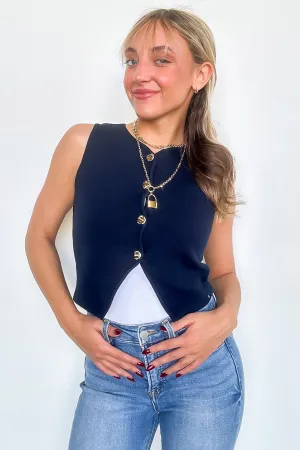 Harlow Button Down Split Hem Sweater Vest Top