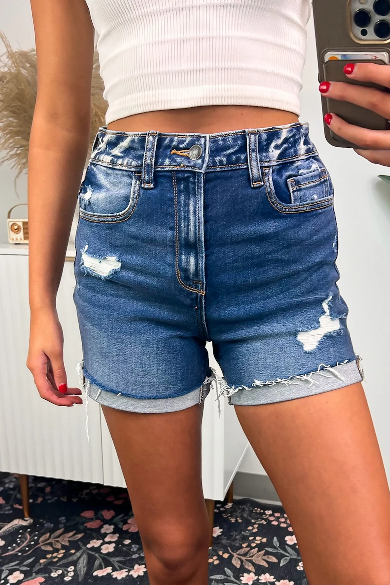 Harmonee Distressed Cuffed Raw Hem Denim Shorts