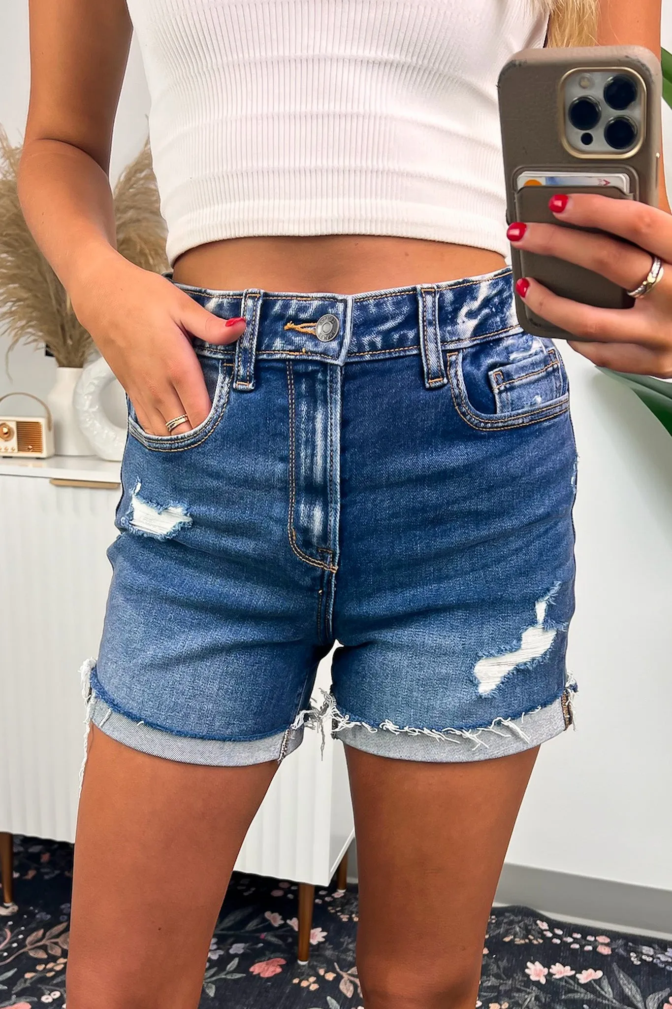Harmonee Distressed Cuffed Raw Hem Denim Shorts