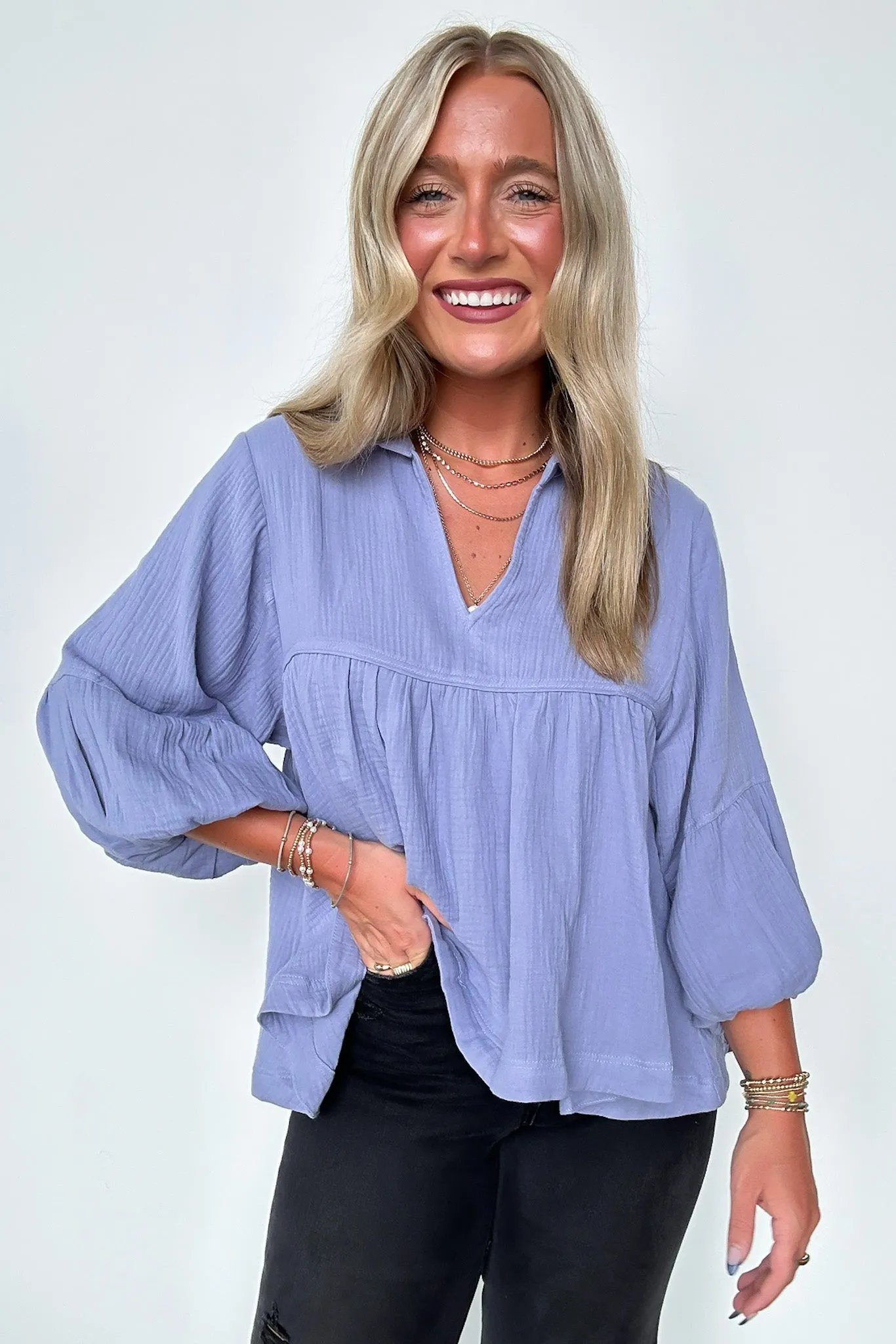 Jennah Flowy Collared Babydoll Top - FINAL SALE