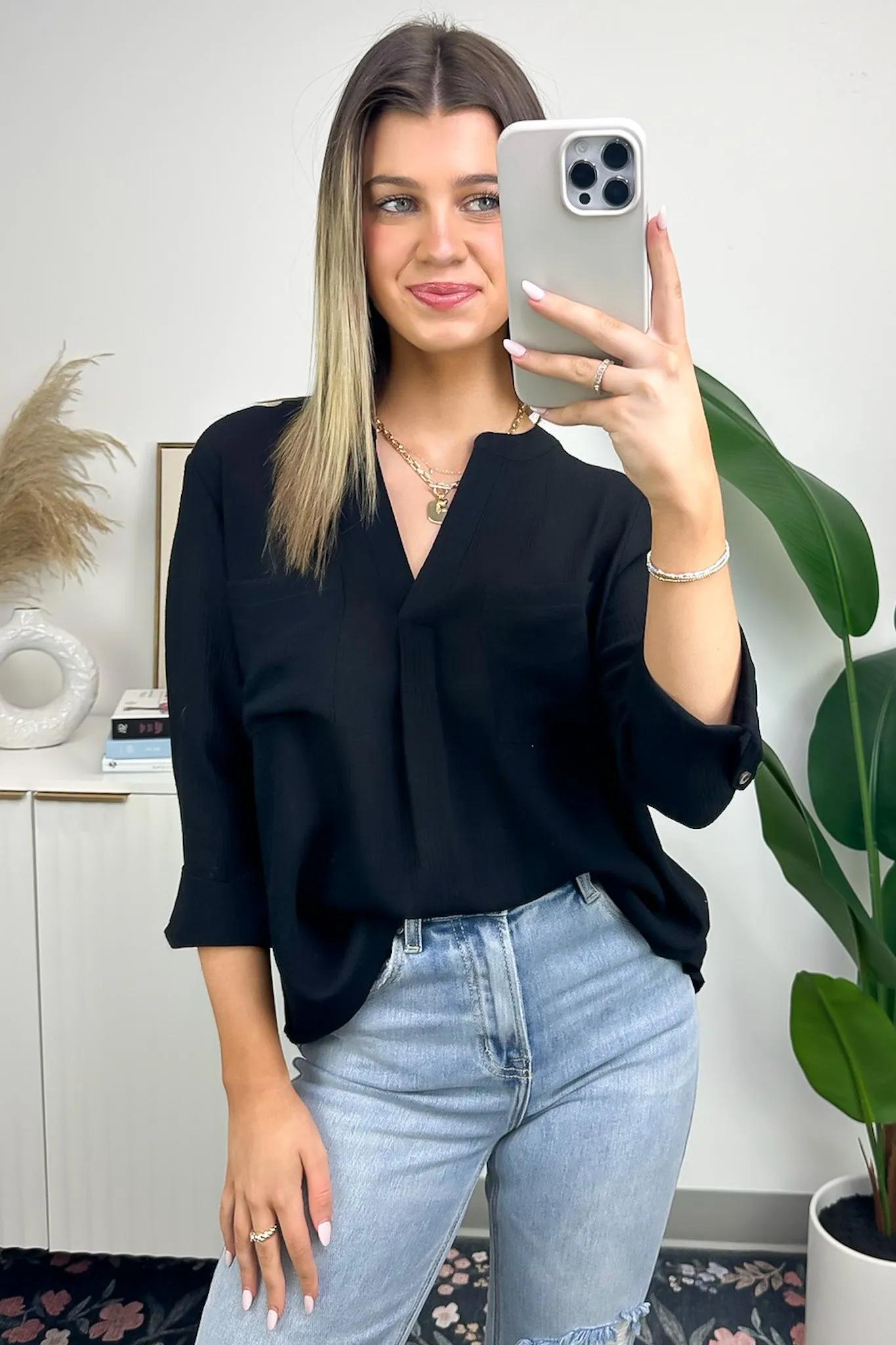 Jillisa V-Neck Woven Pocket Top - FINAL SALE