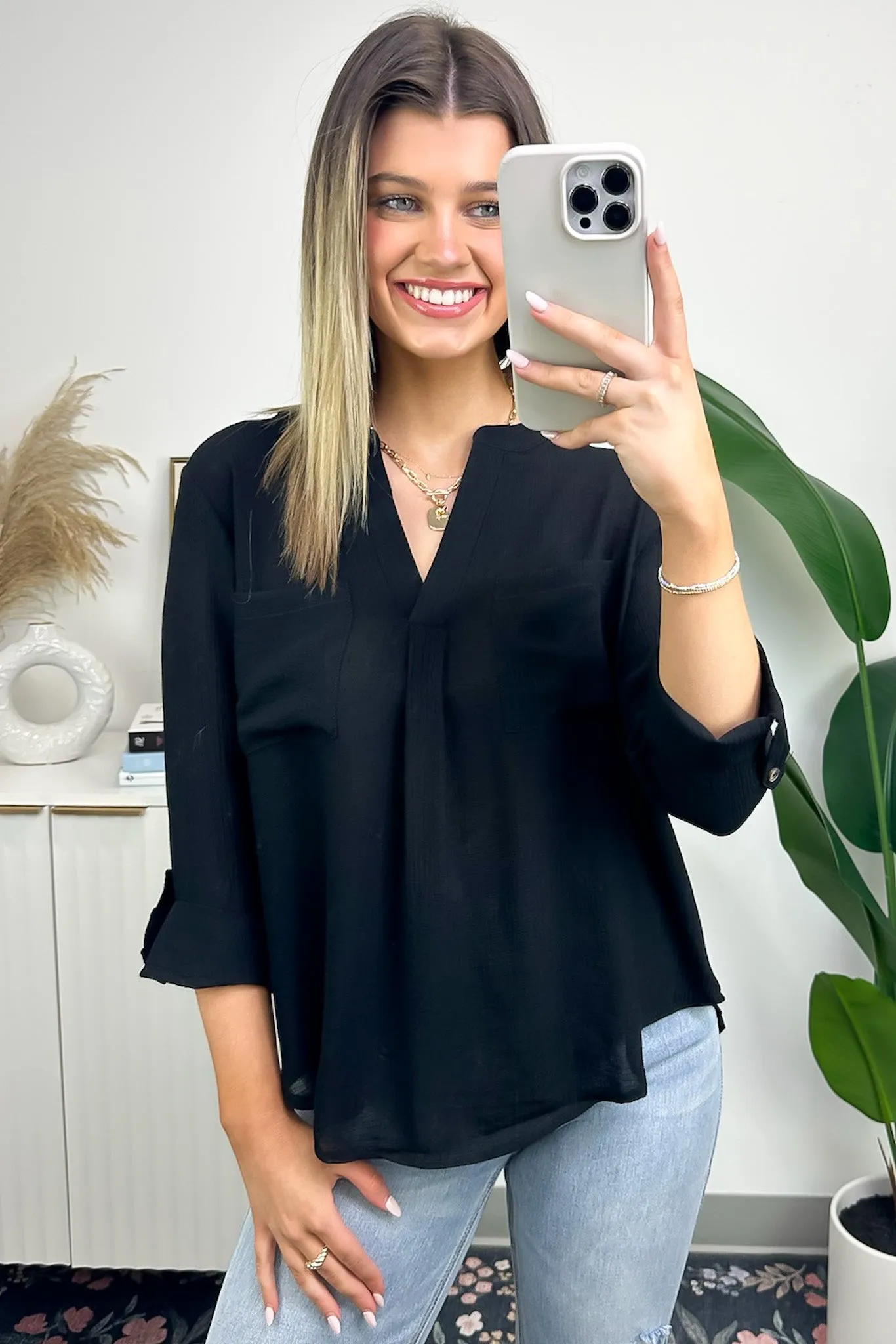 Jillisa V-Neck Woven Pocket Top - FINAL SALE