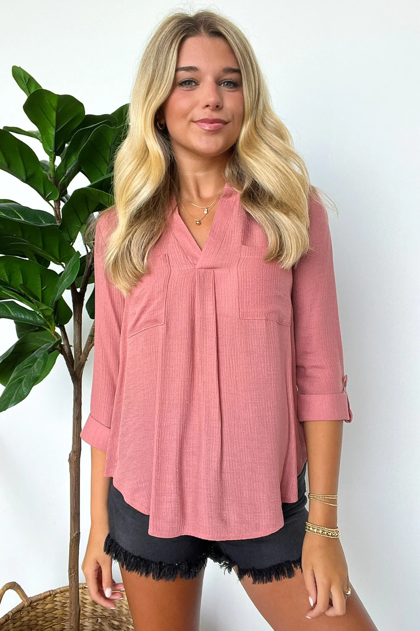 Jillisa V-Neck Woven Pocket Top - FINAL SALE