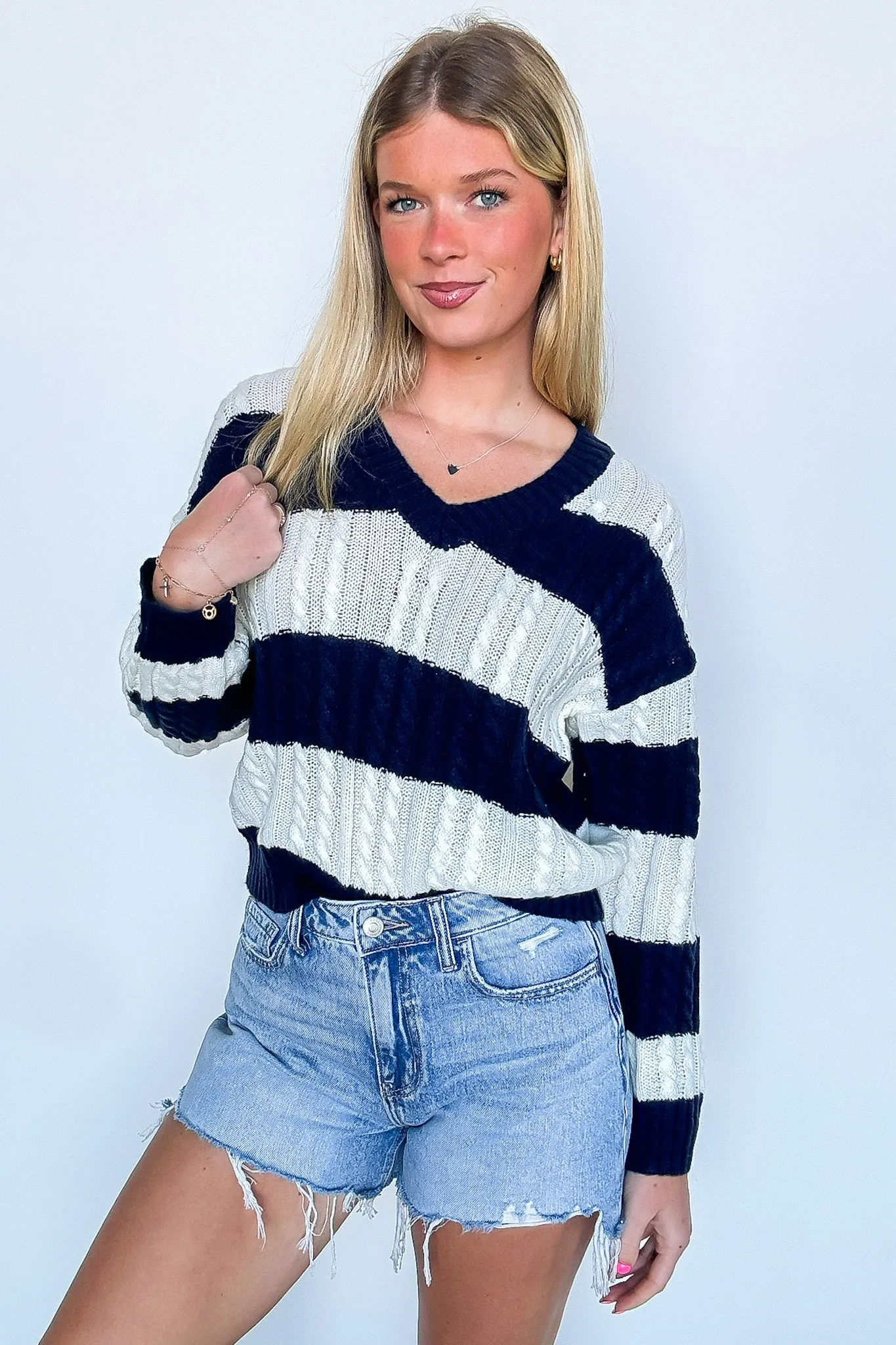 Julia V-Neck Striped Cable Knit Sweater