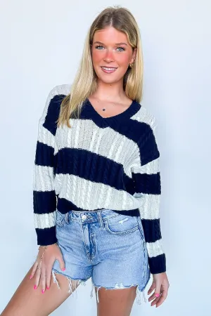 Julia V-Neck Striped Cable Knit Sweater