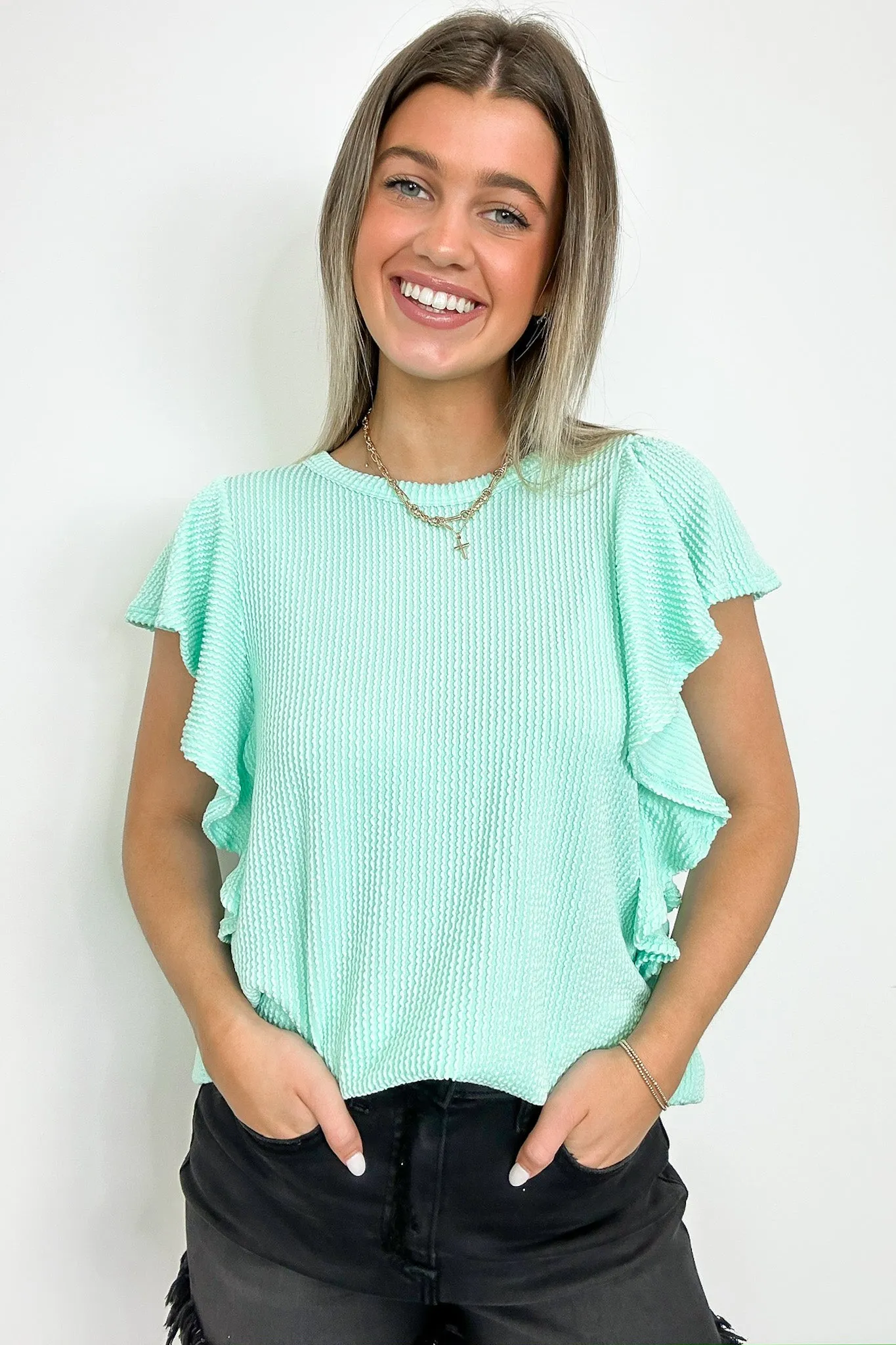Kameryn Ribbed Knit Ruffle Sleeve Top - BACK IN STOCK