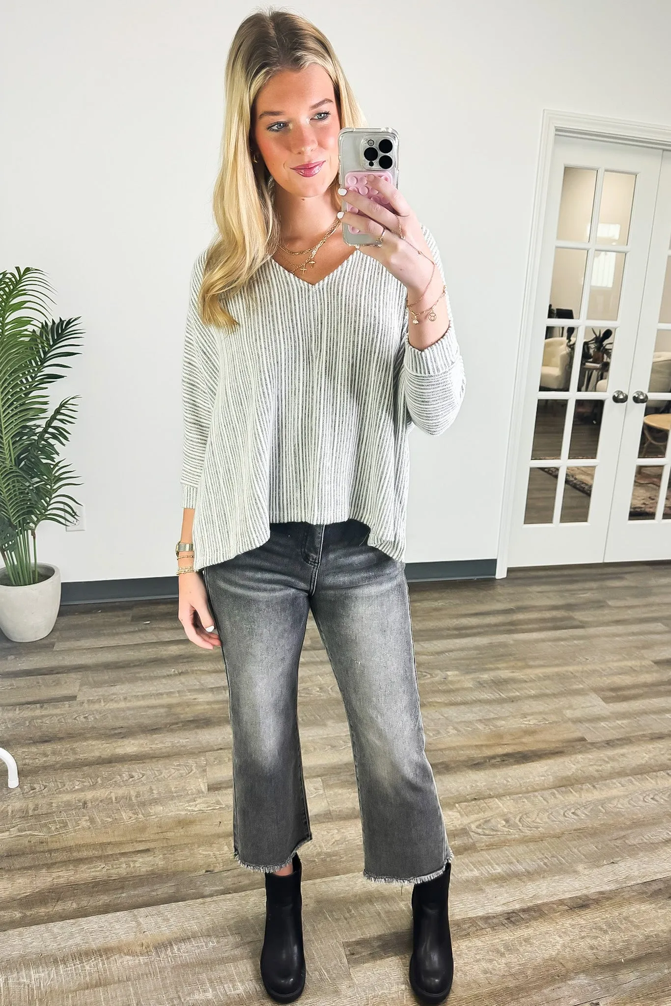 Katie V-Neck Textured Stripe Top