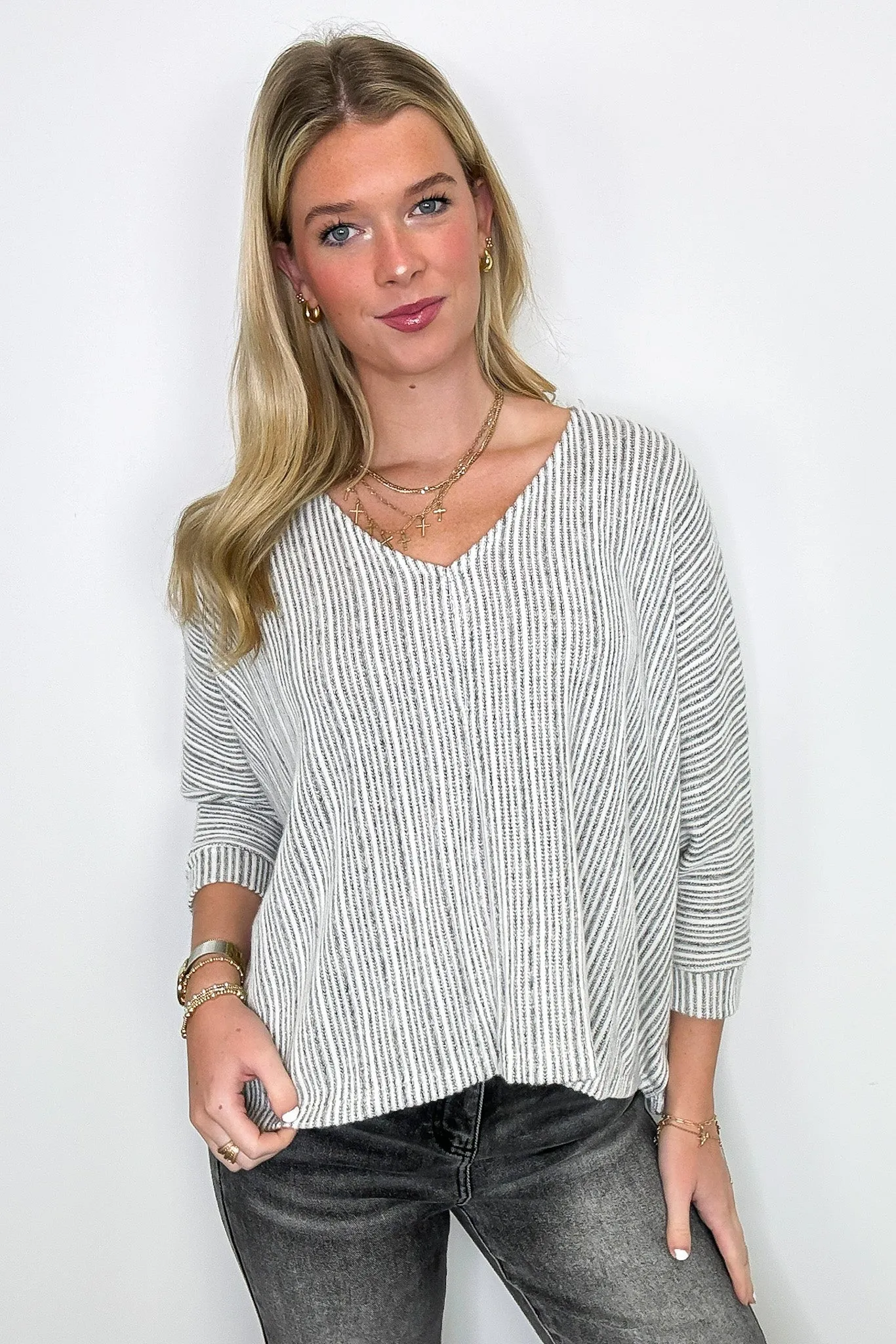 Katie V-Neck Textured Stripe Top