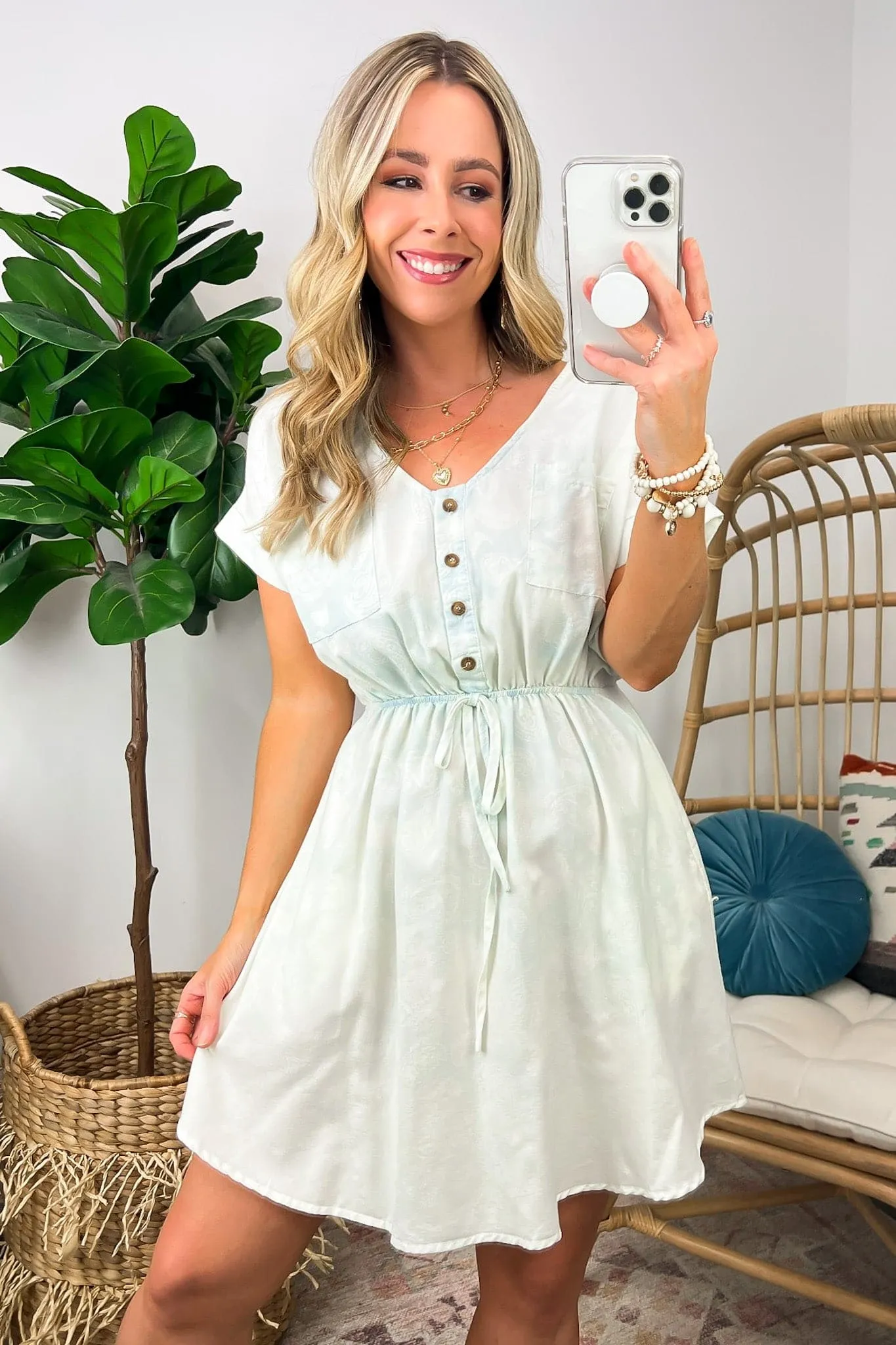 Kiandra Washed Chambray Drawstring Waist Button Dress - FINAL SALE
