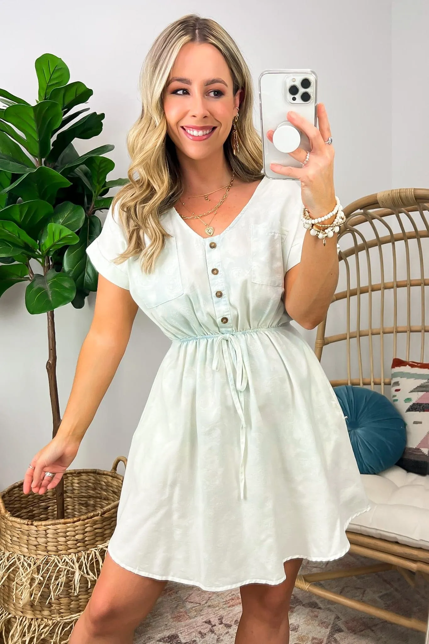 Kiandra Washed Chambray Drawstring Waist Button Dress - FINAL SALE