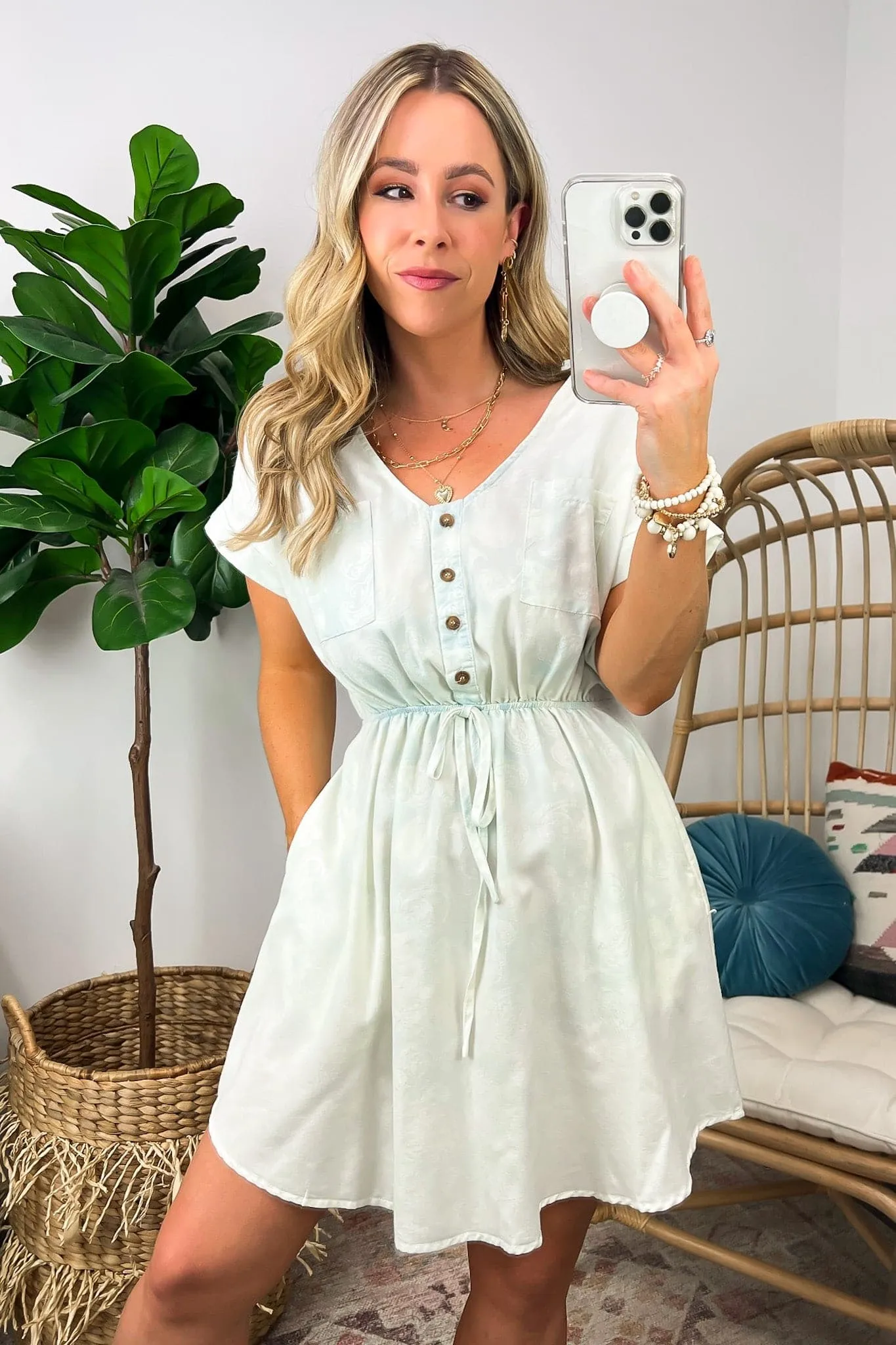 Kiandra Washed Chambray Drawstring Waist Button Dress - FINAL SALE