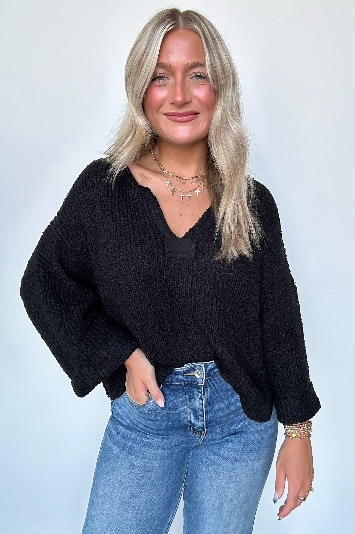Leonie V-Neck Patch Knit Pullover - BACK IN STOCK