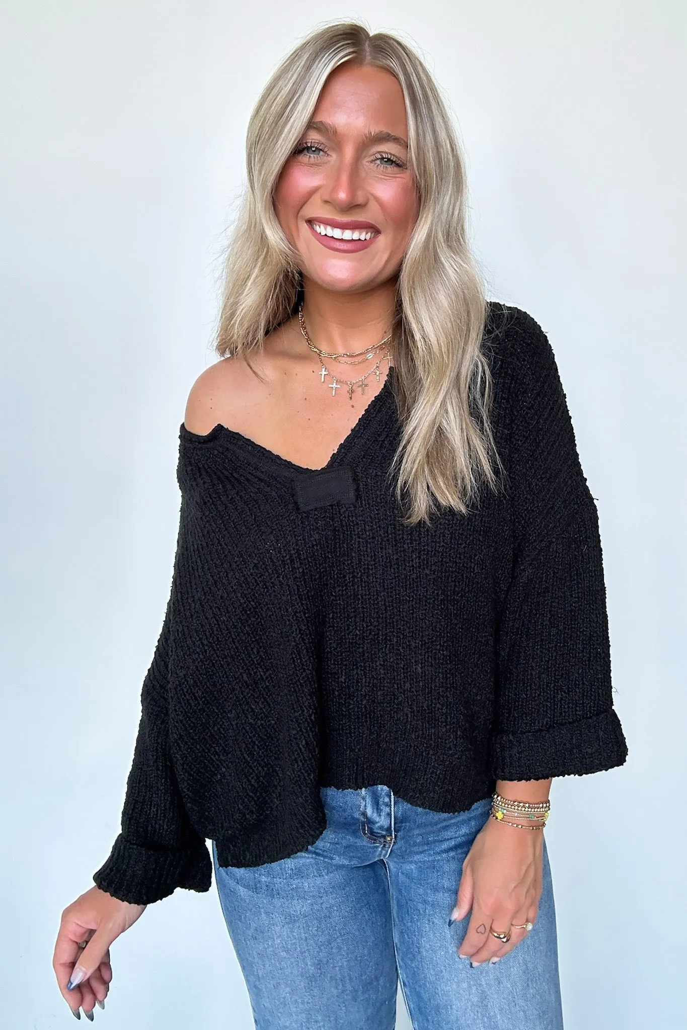 Leonie V-Neck Patch Knit Pullover - BACK IN STOCK
