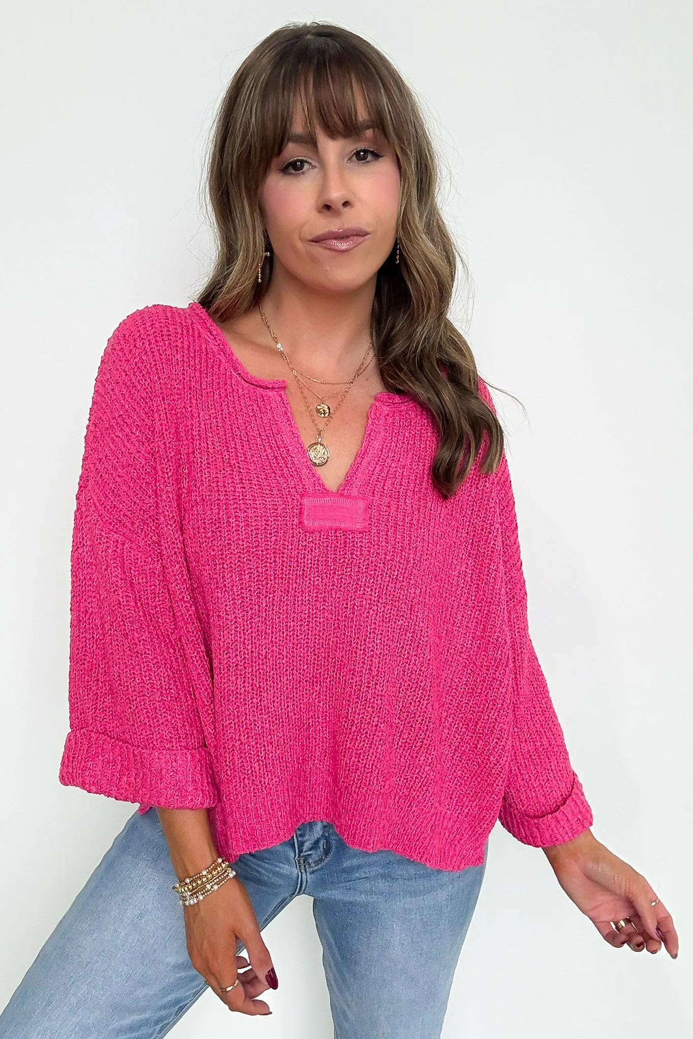 Leonie V-Neck Patch Knit Pullover - BACK IN STOCK