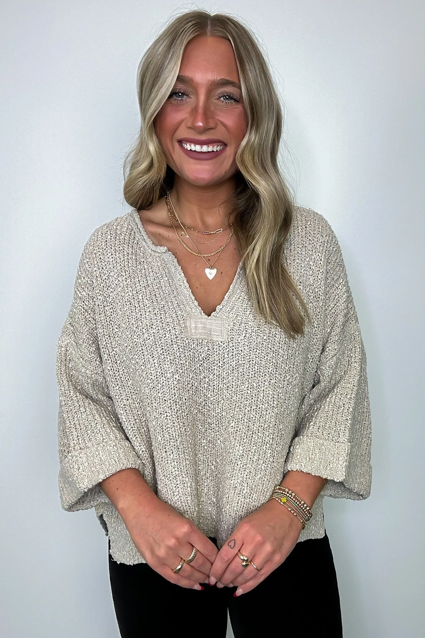 Leonie V-Neck Patch Knit Pullover - BACK IN STOCK