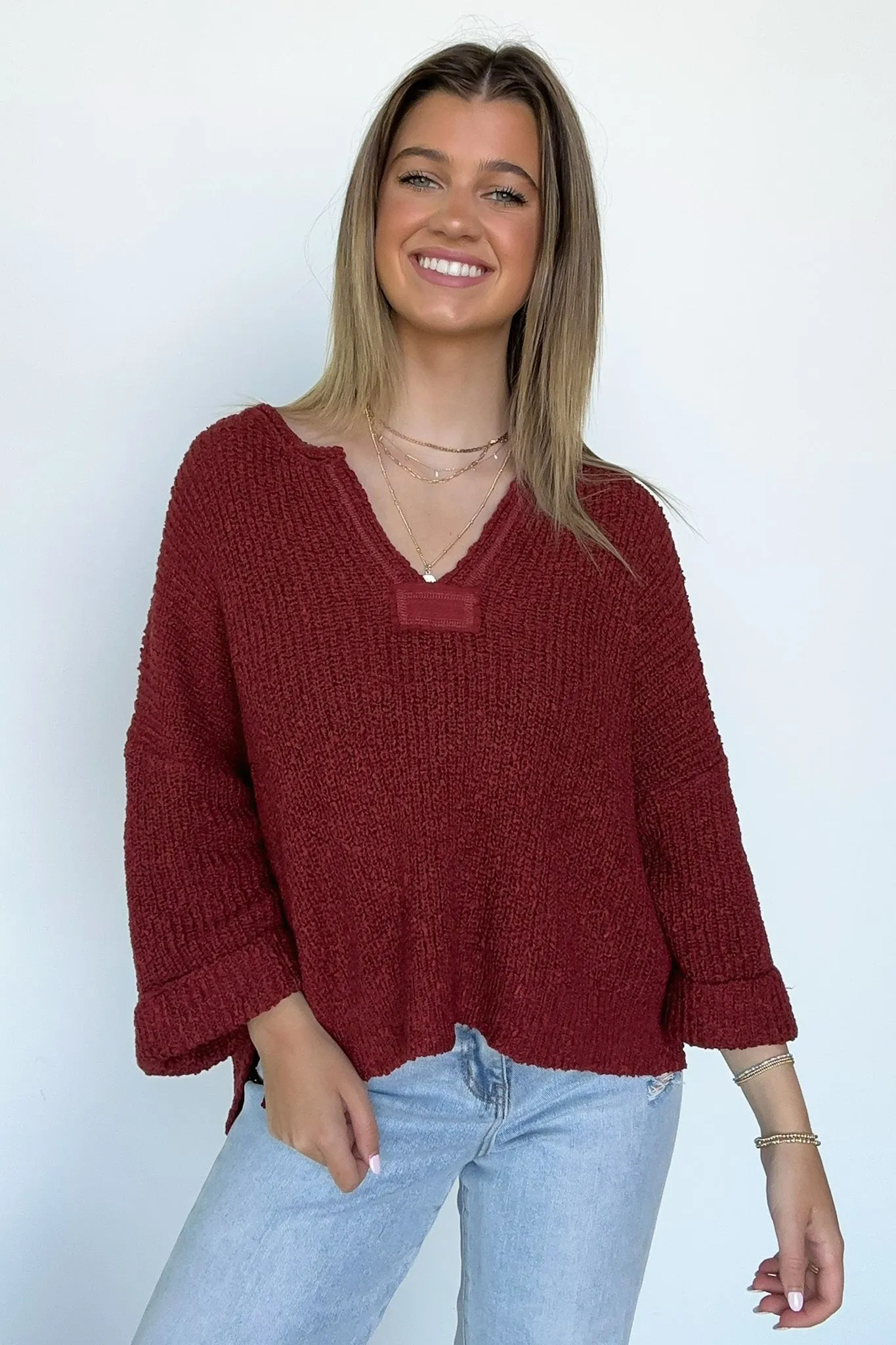 Leonie V-Neck Patch Knit Pullover - BACK IN STOCK
