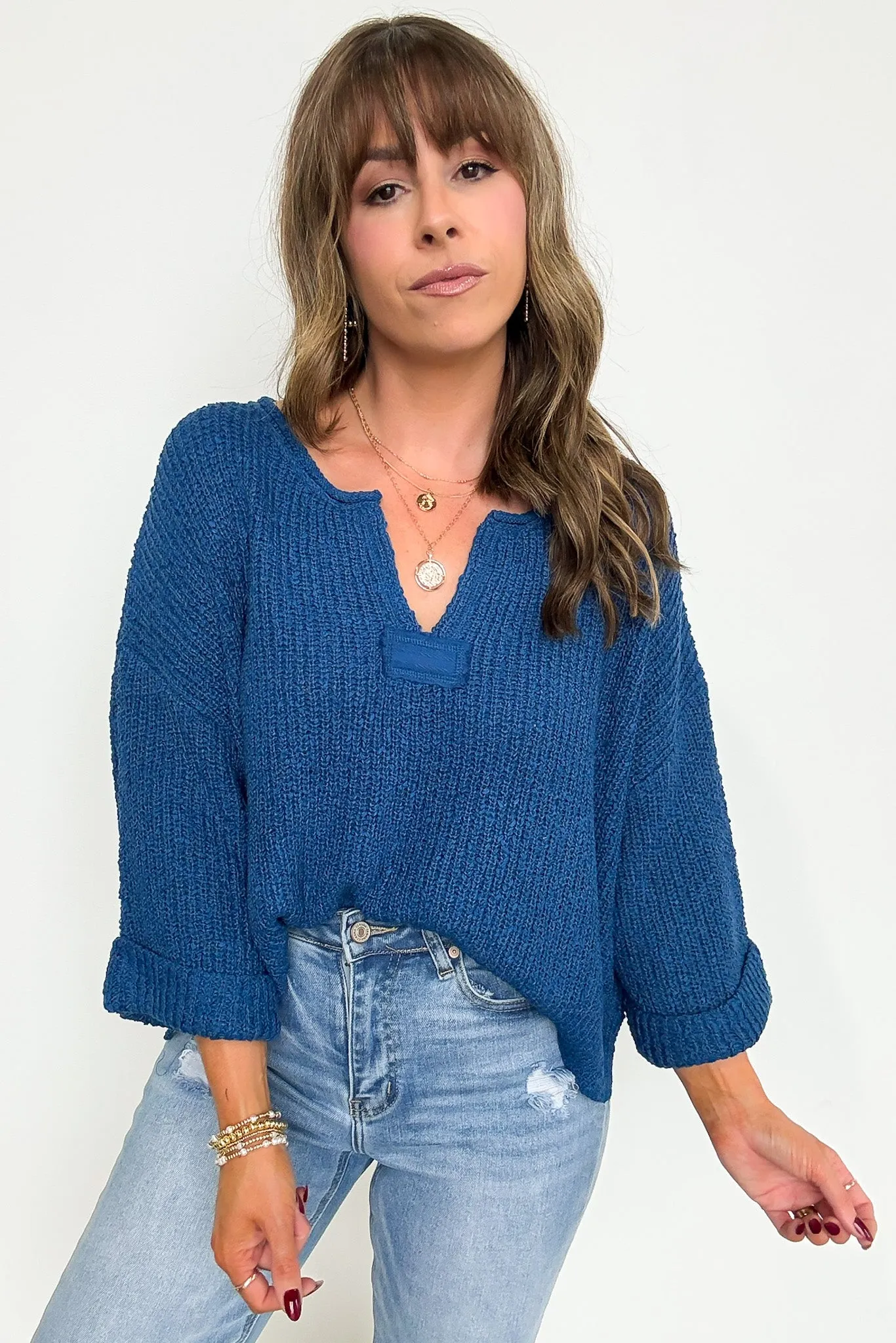 Leonie V-Neck Patch Knit Pullover - BACK IN STOCK
