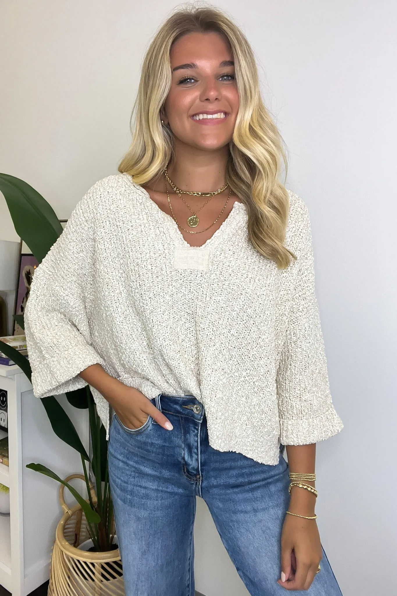 Leonie V-Neck Patch Knit Pullover - BACK IN STOCK