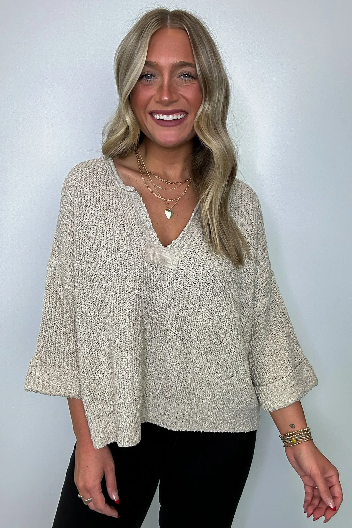 Leonie V-Neck Patch Knit Pullover - BACK IN STOCK