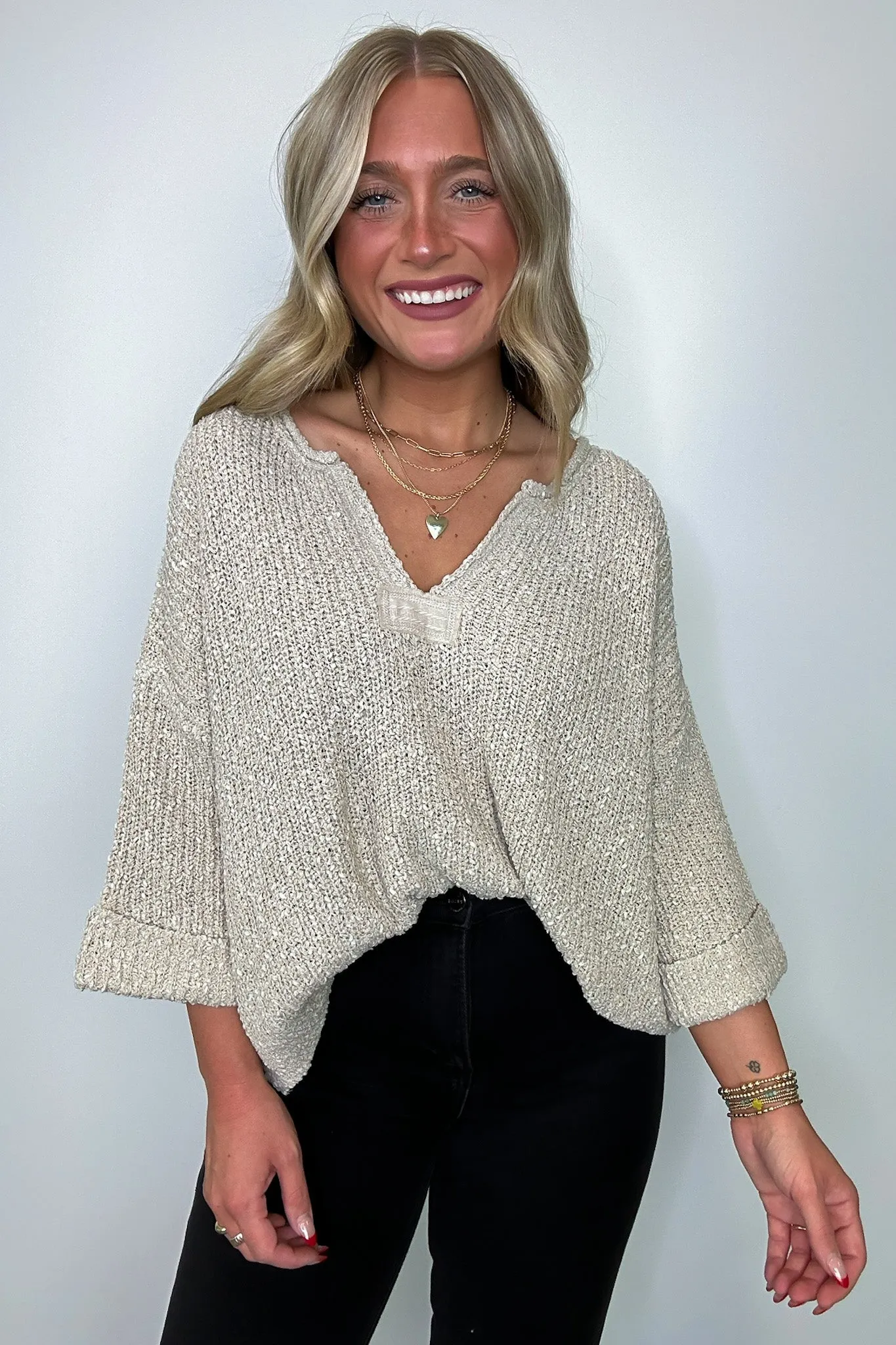 Leonie V-Neck Patch Knit Pullover - BACK IN STOCK