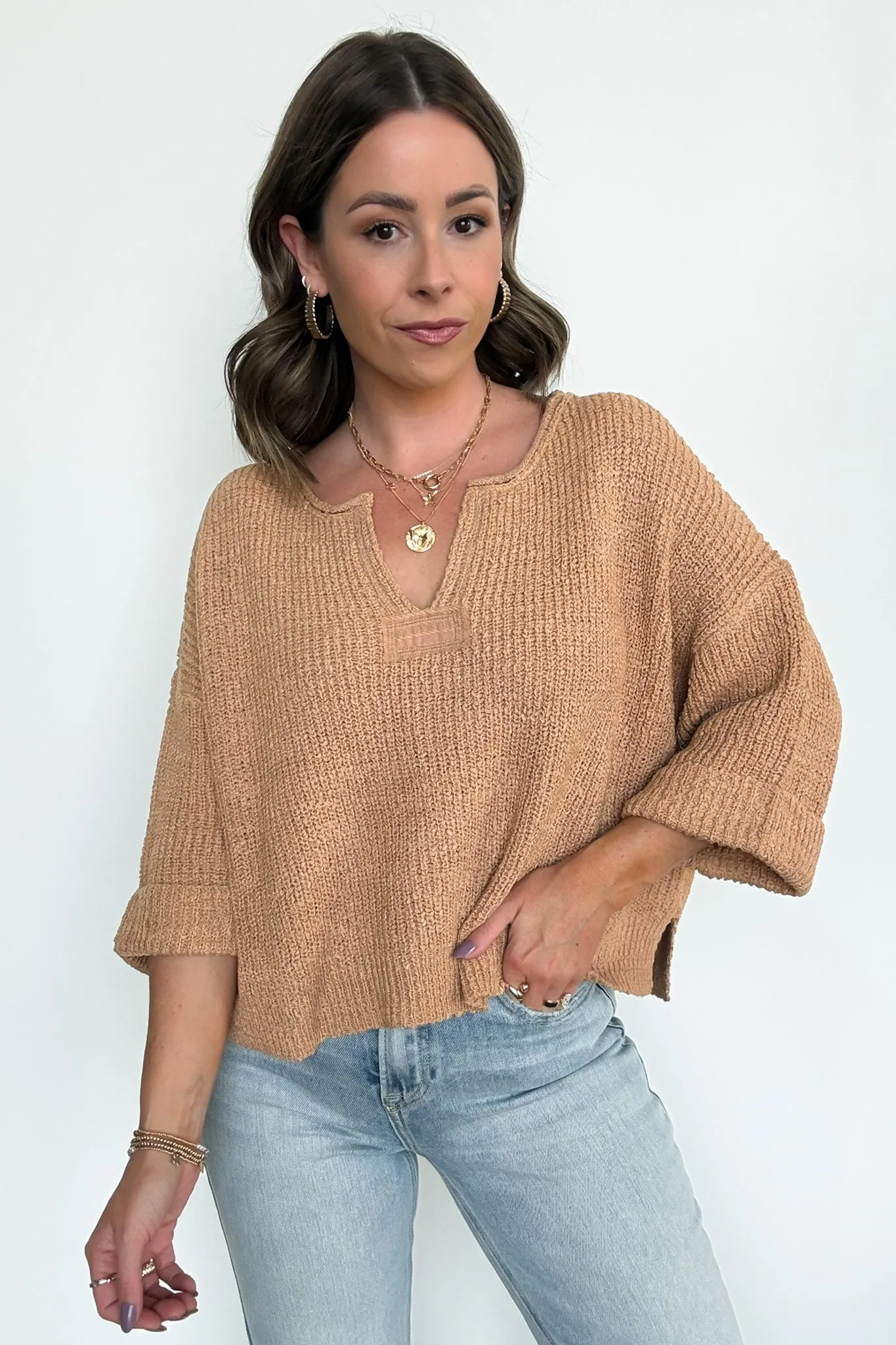 Leonie V-Neck Patch Knit Pullover - BACK IN STOCK