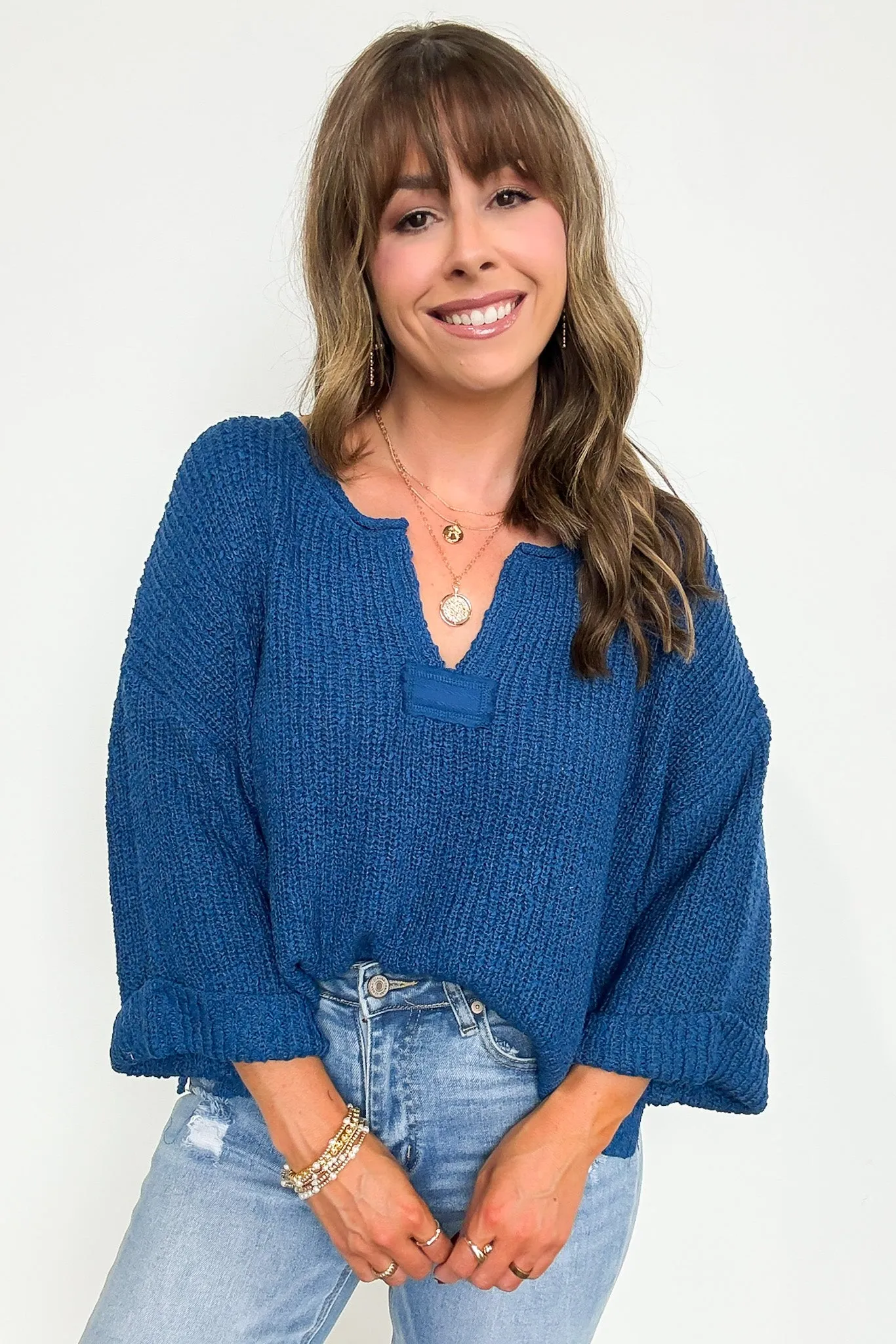 Leonie V-Neck Patch Knit Pullover - BACK IN STOCK