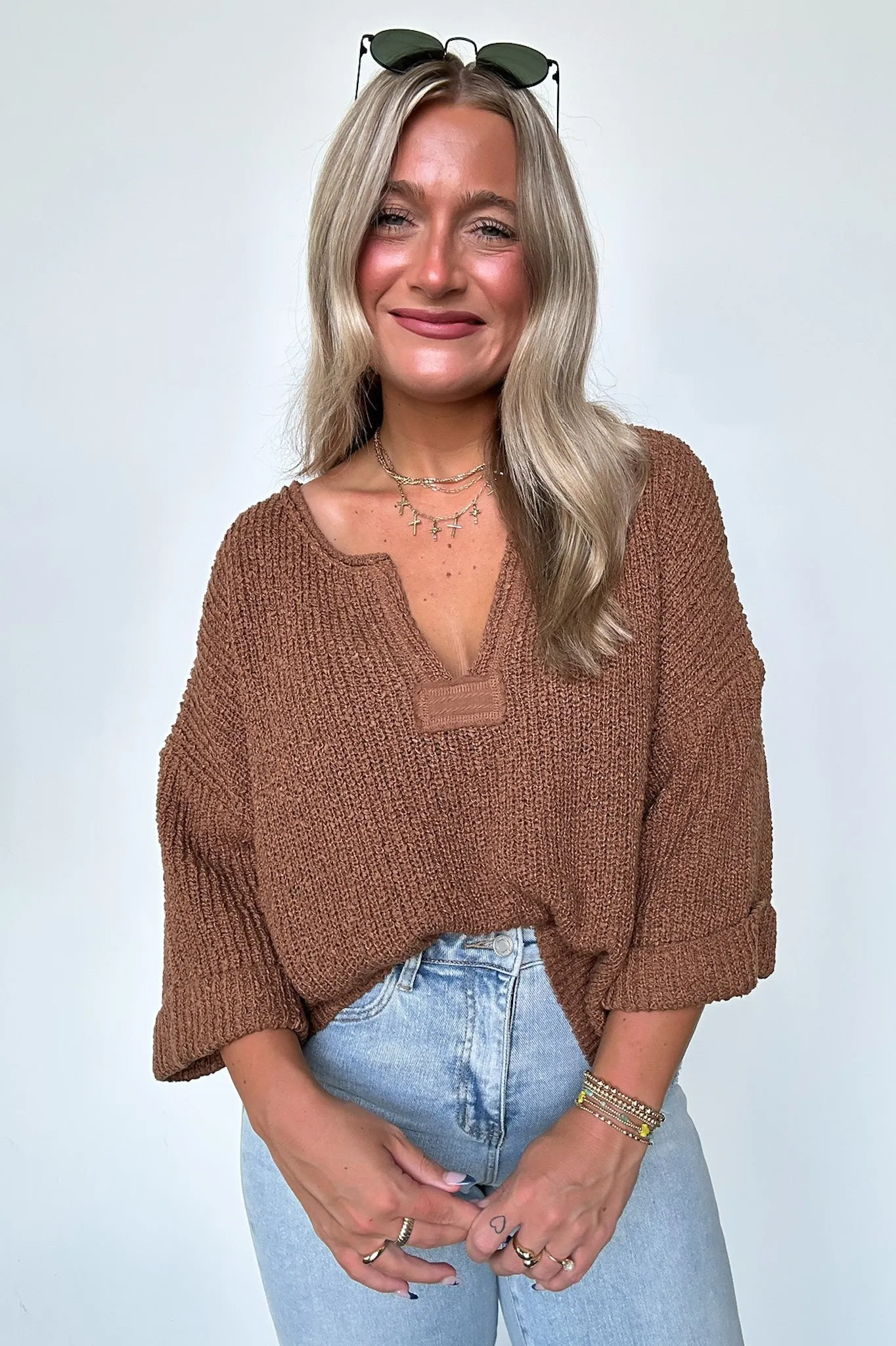 Leonie V-Neck Patch Knit Pullover - BACK IN STOCK