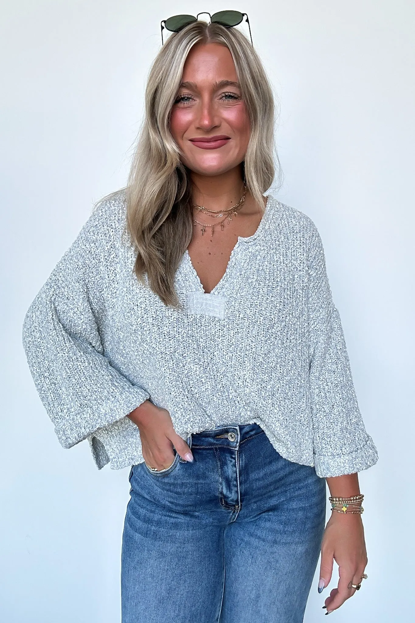 Leonie V-Neck Patch Knit Pullover - BACK IN STOCK