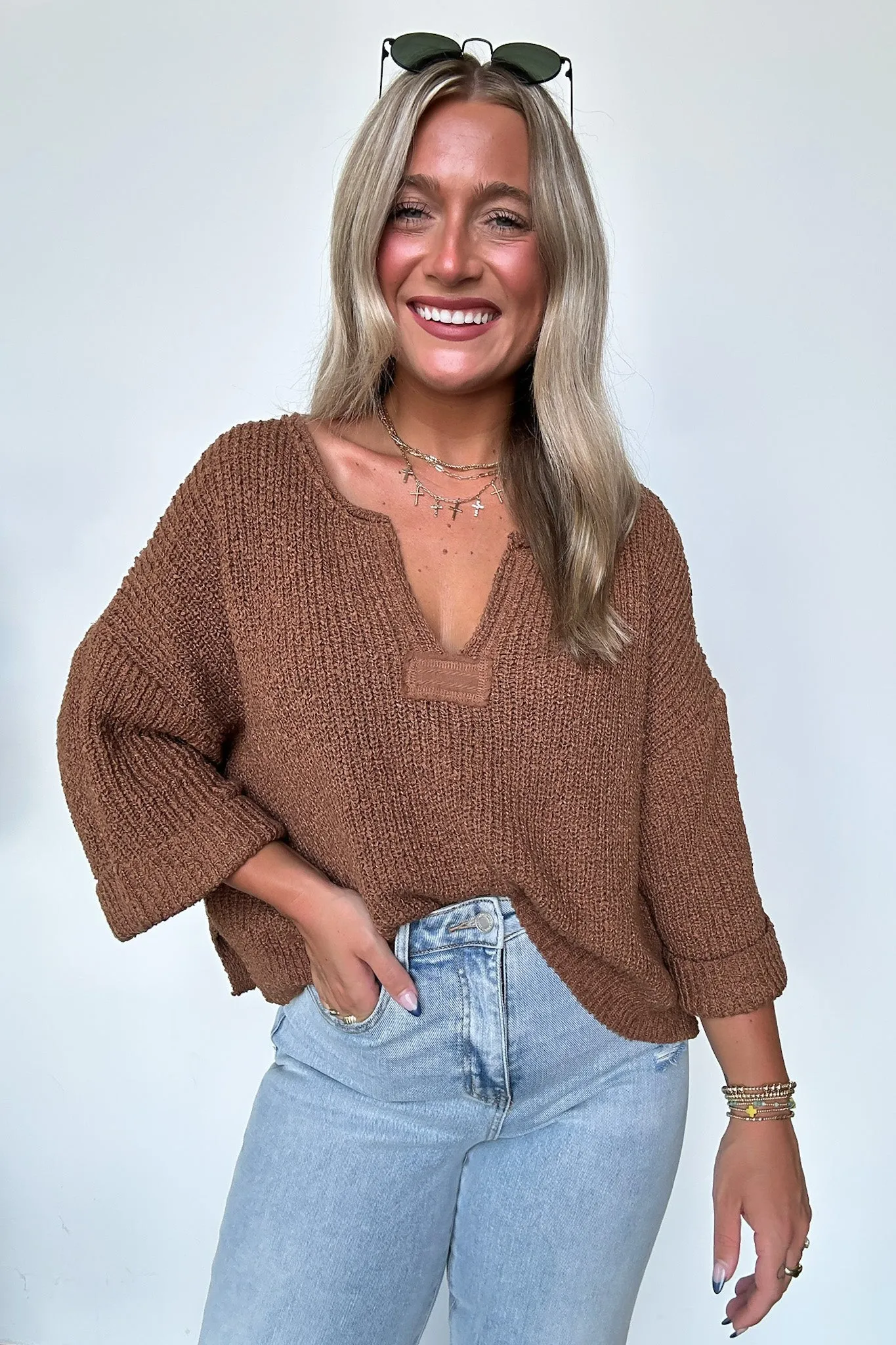 Leonie V-Neck Patch Knit Pullover - BACK IN STOCK