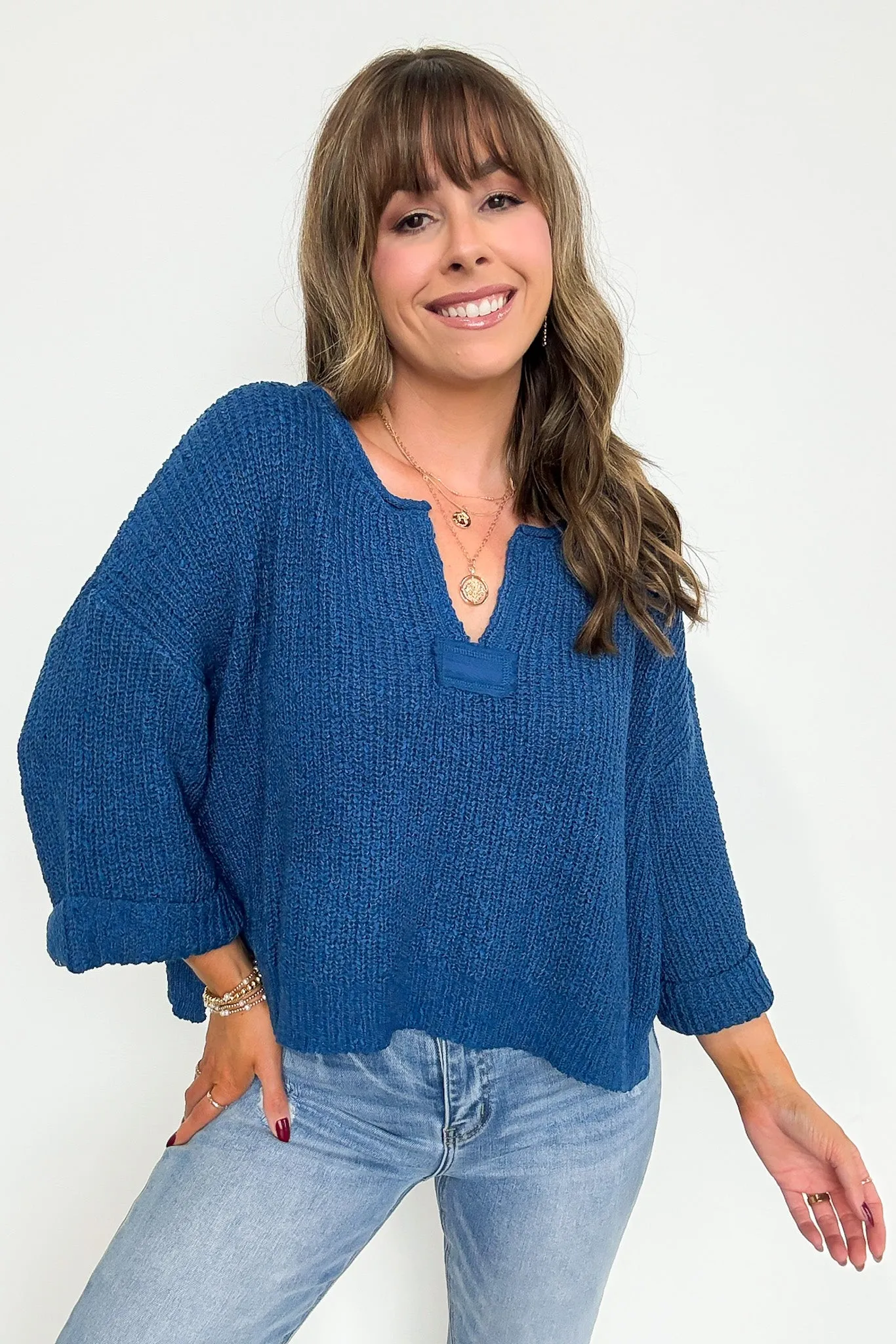Leonie V-Neck Patch Knit Pullover - BACK IN STOCK