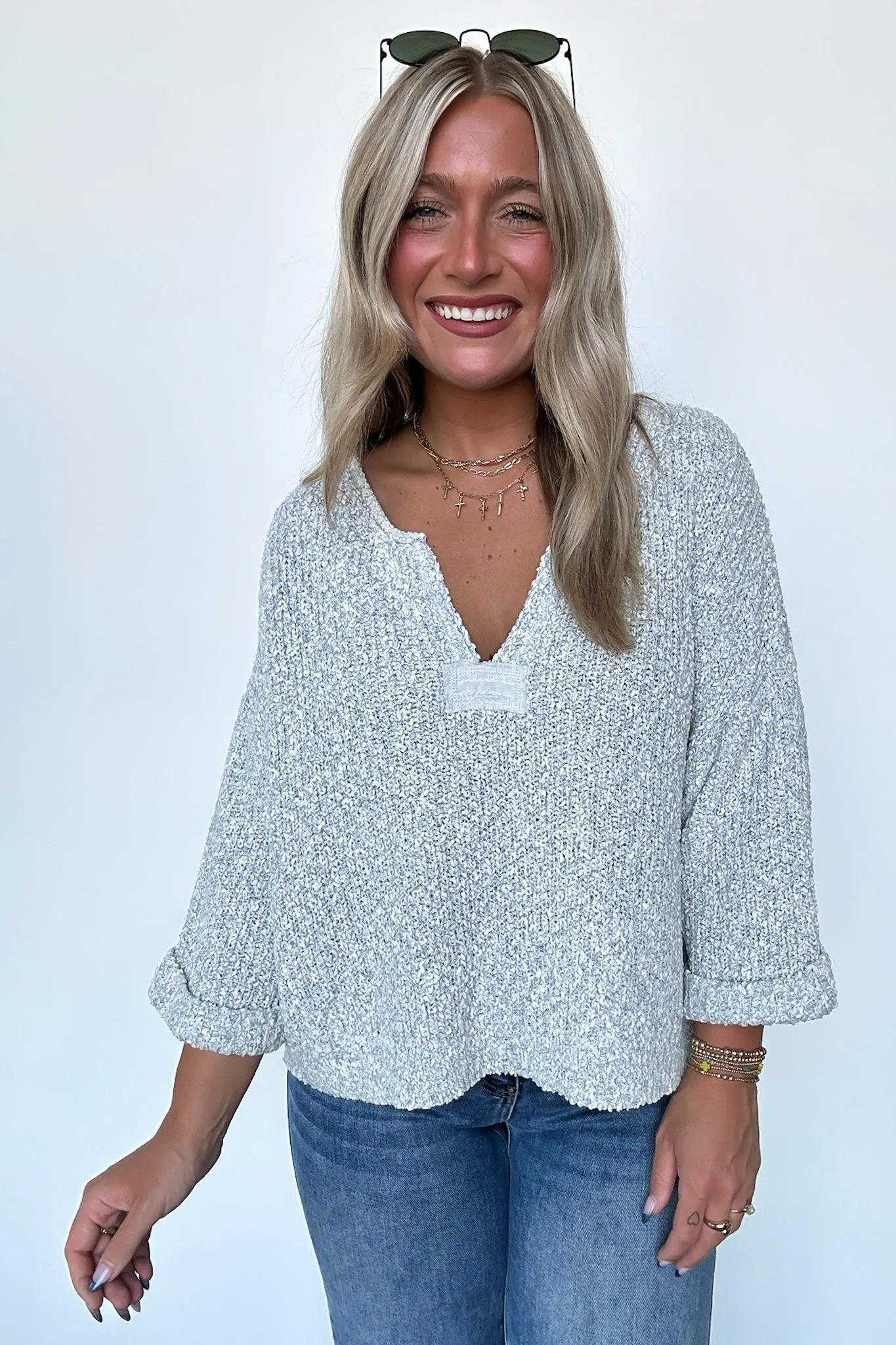 Leonie V-Neck Patch Knit Pullover - BACK IN STOCK