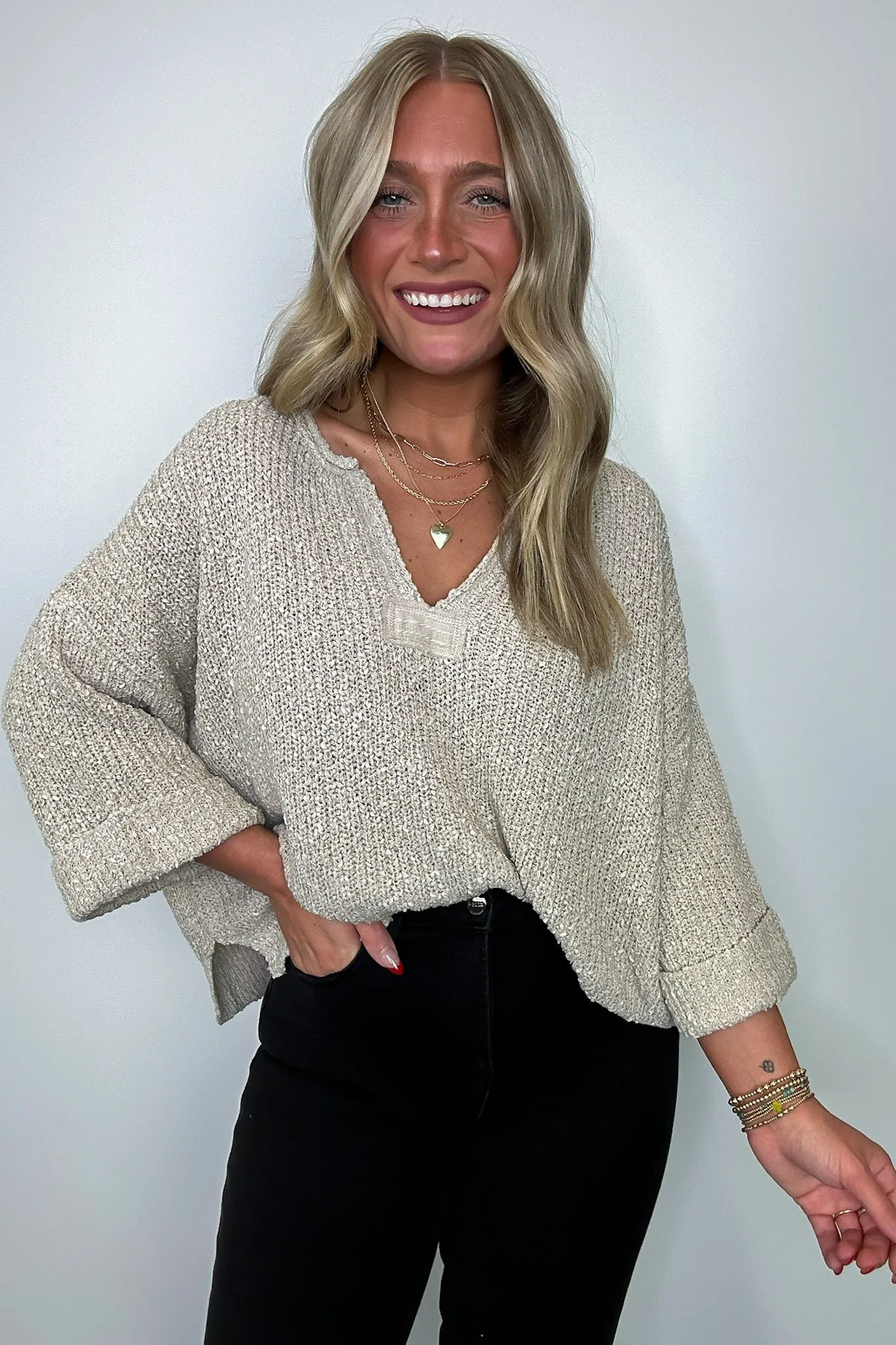 Leonie V-Neck Patch Knit Pullover - BACK IN STOCK