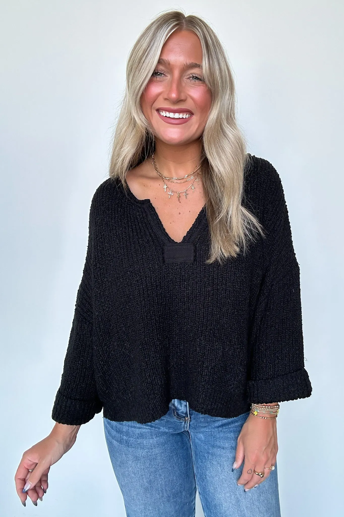 Leonie V-Neck Patch Knit Pullover - BACK IN STOCK