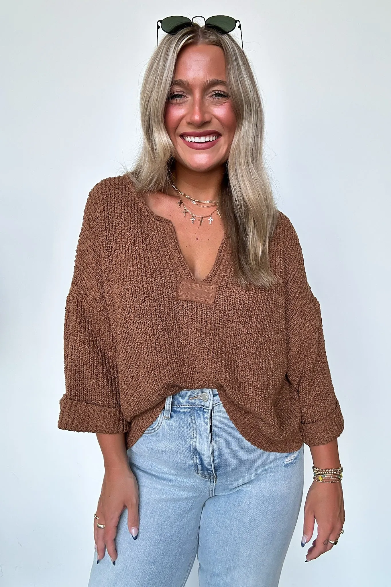 Leonie V-Neck Patch Knit Pullover - BACK IN STOCK