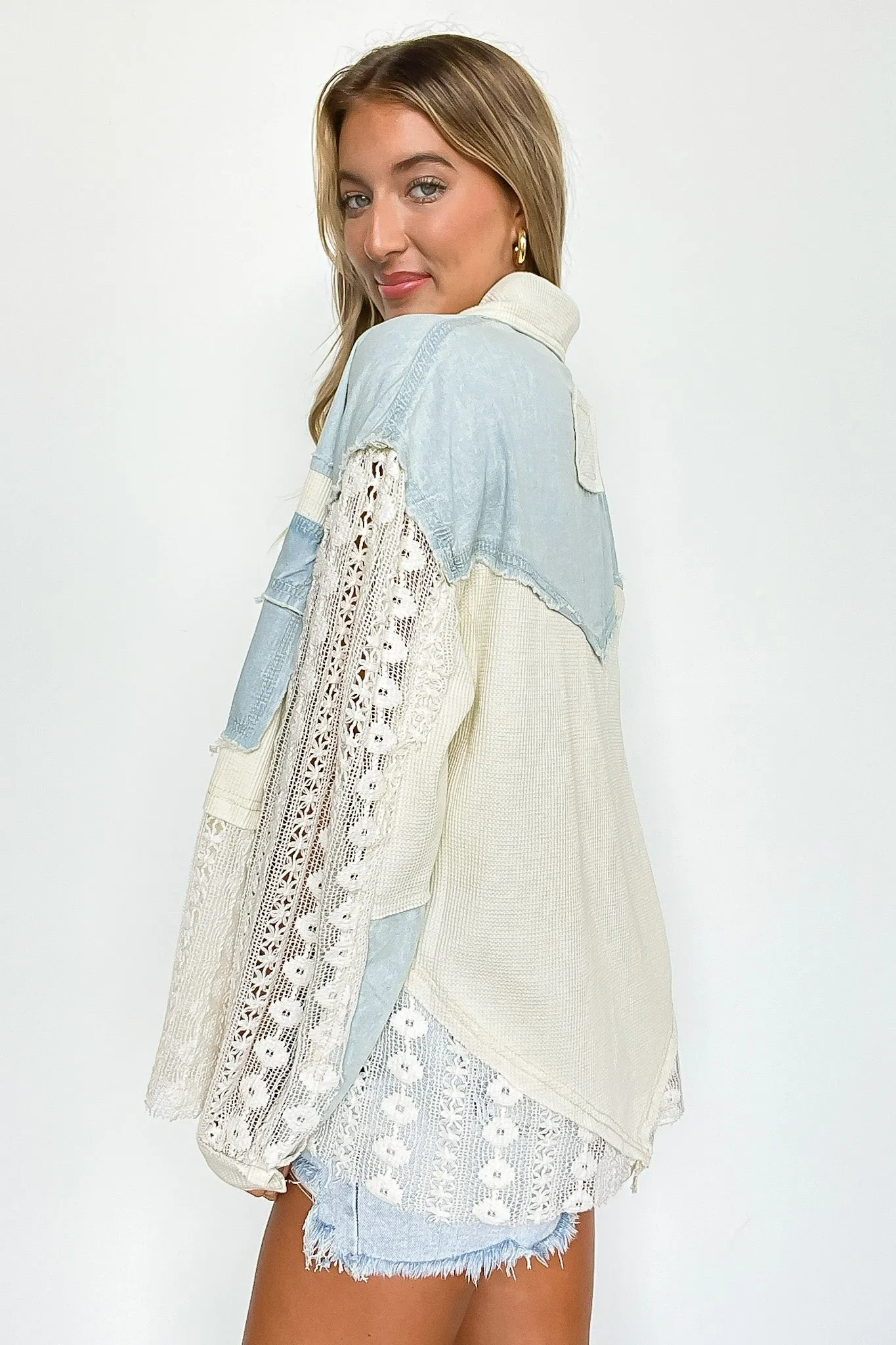 Lettie Crochet and Denim Button Down Top