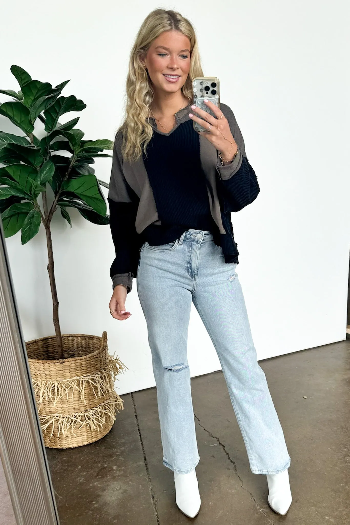 Lisette Notched Neck Contrast Knit Top - BACK IN STOCK