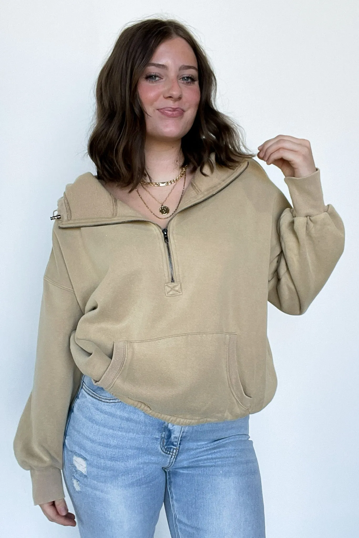 Maci Elastic Hem Half Zip Hooded Pullover - FINAL SALE