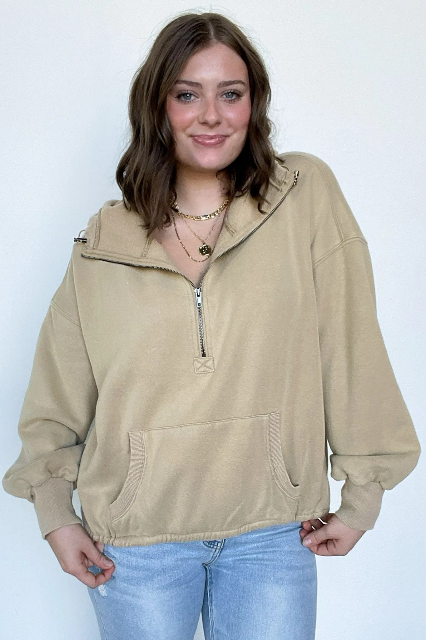 Maci Elastic Hem Half Zip Hooded Pullover - FINAL SALE