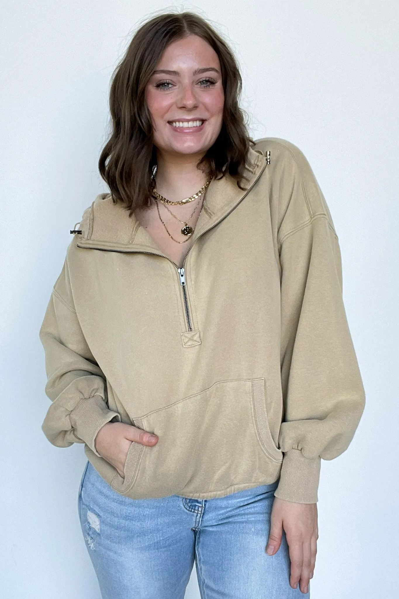 Maci Elastic Hem Half Zip Hooded Pullover - FINAL SALE