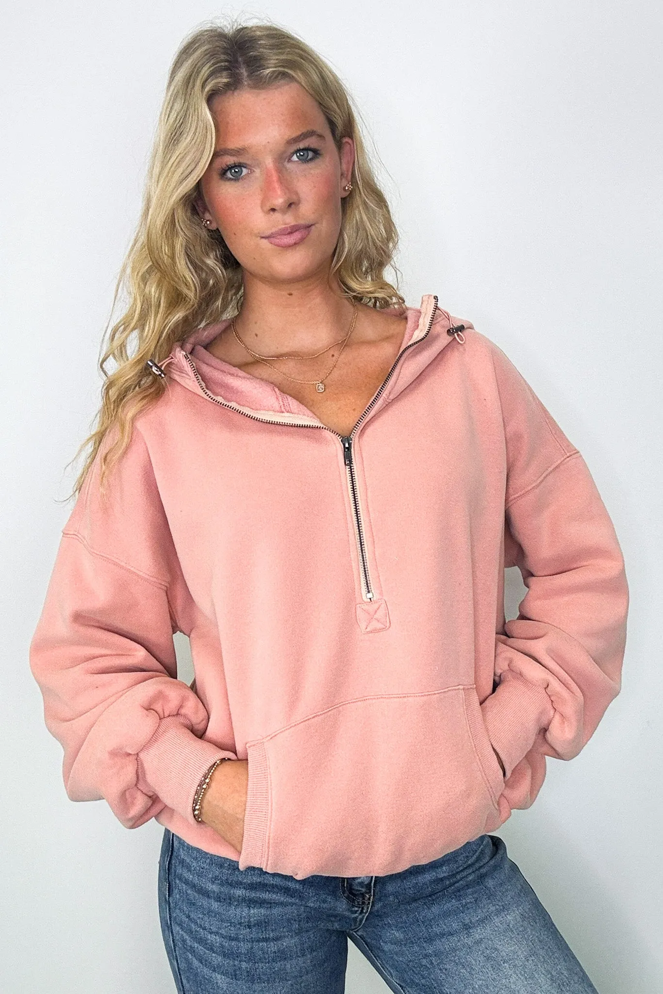 Maci Elastic Hem Half Zip Hooded Pullover - FINAL SALE