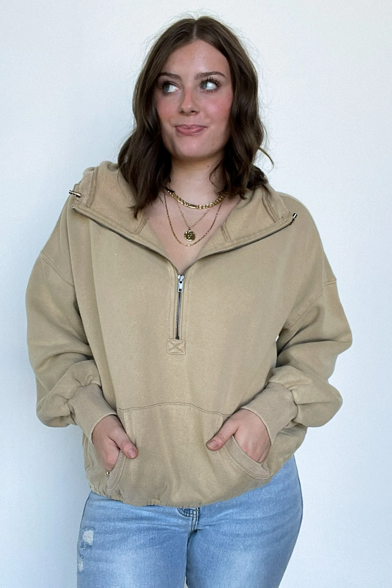 Maci Elastic Hem Half Zip Hooded Pullover - FINAL SALE